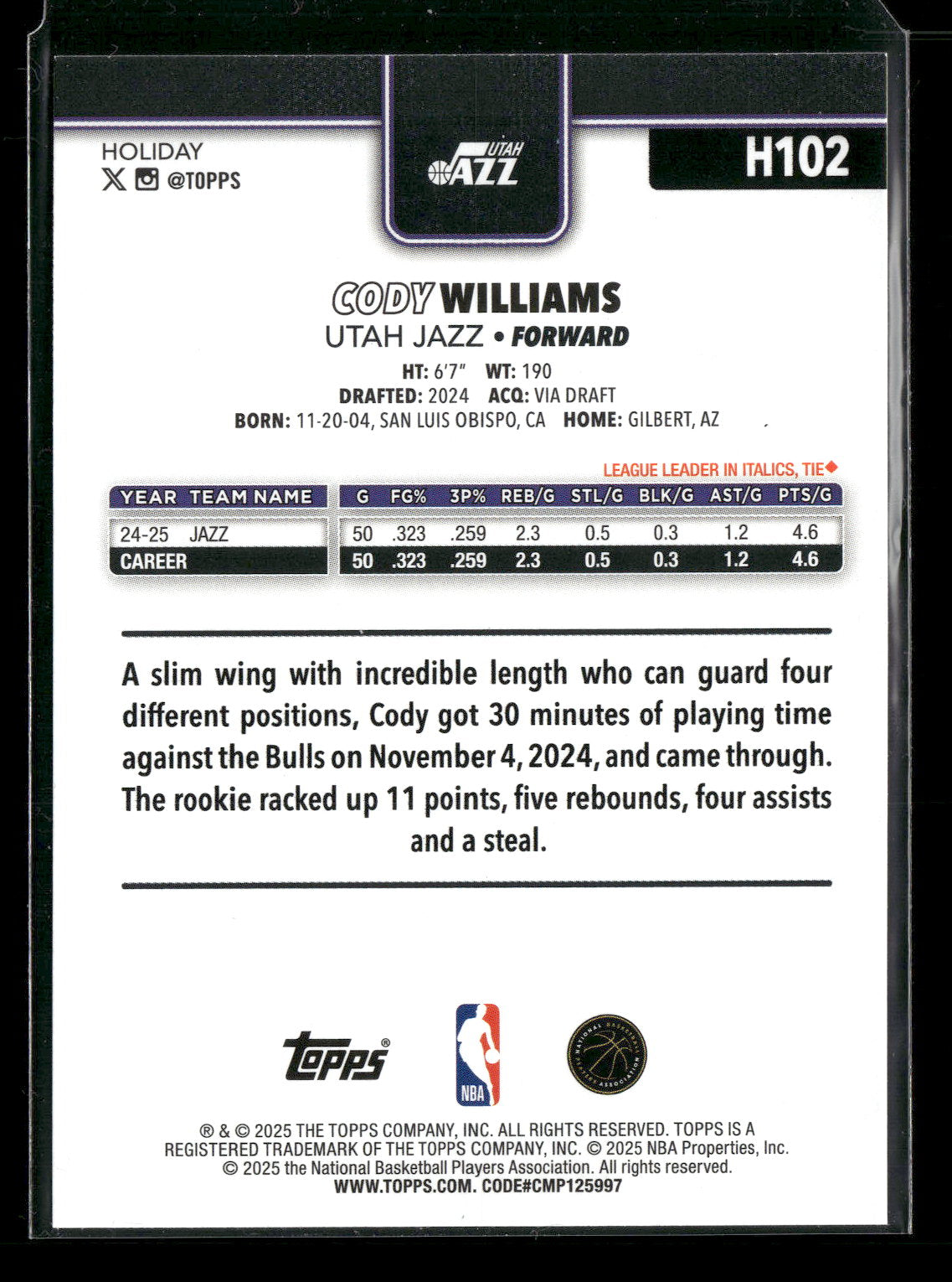 2025-26 Topps Holiday Basketball Cody Williams #H102
