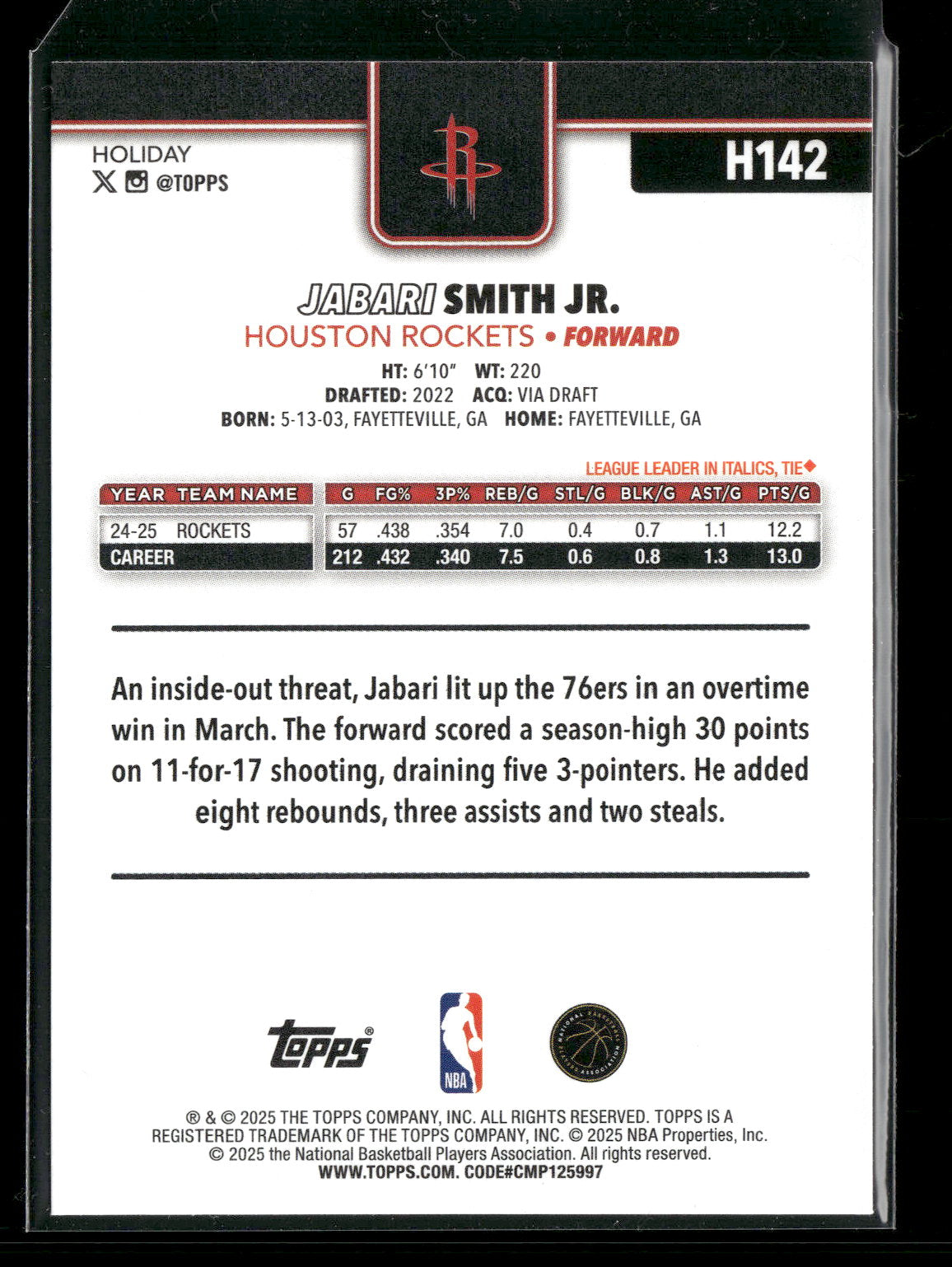 2025-26 Topps Holiday Basketball Jabari Smith Jr. #H142