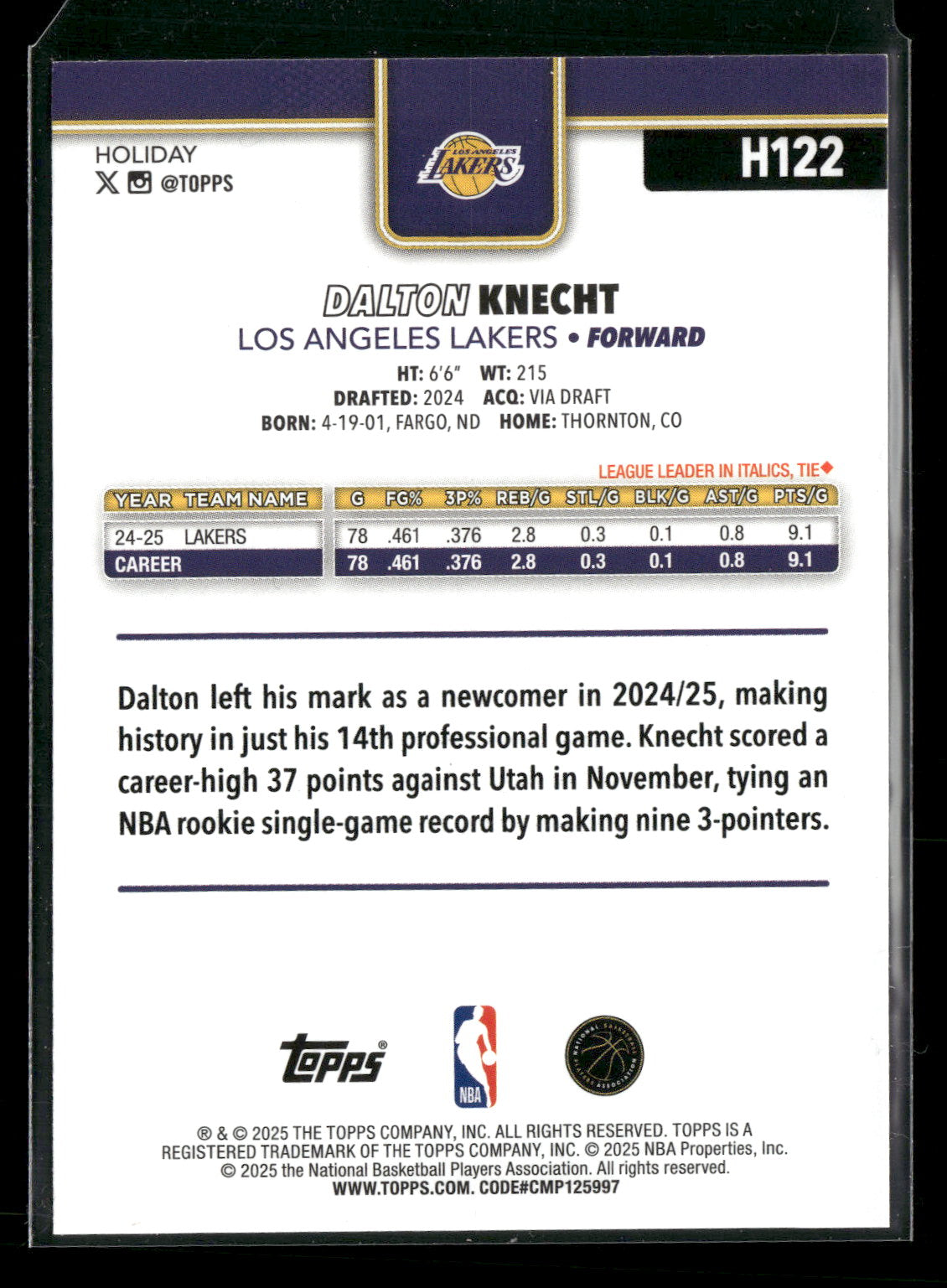 2025-26 Topps Holiday Basketball Dalton Knecht #H122