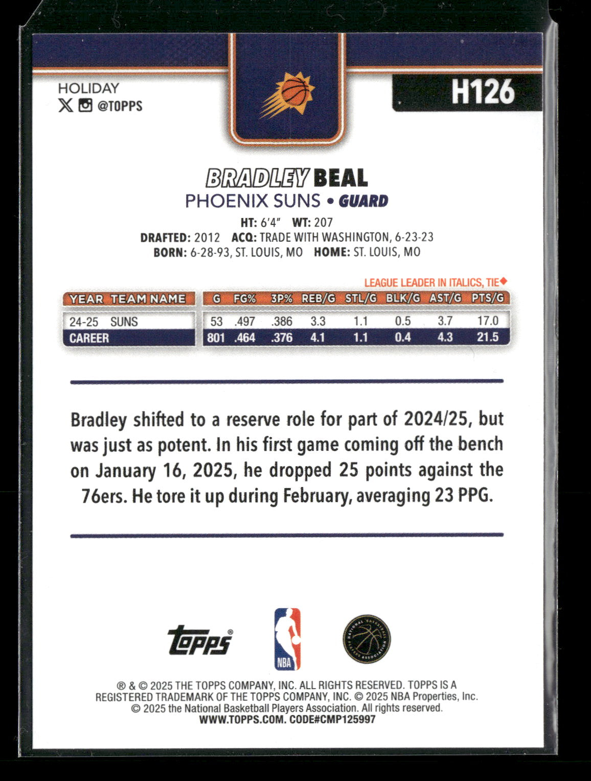 2025-26 Topps Holiday Basketball Bradley Beal #H126