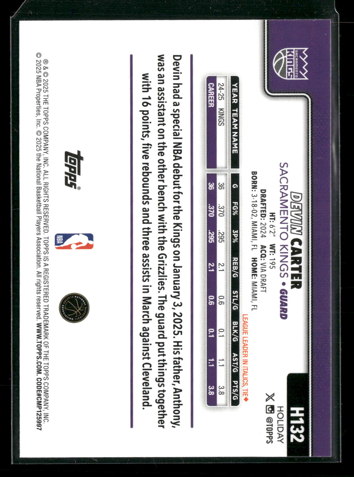 2025-26 Topps Holiday Basketball Devin Carter #H132