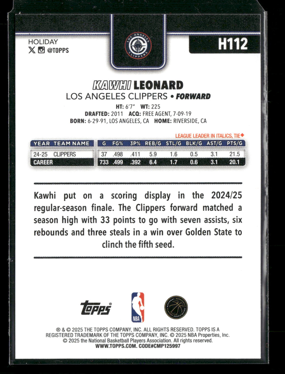 2025-26 Topps Holiday Basketball Kawhi Leonard #H112