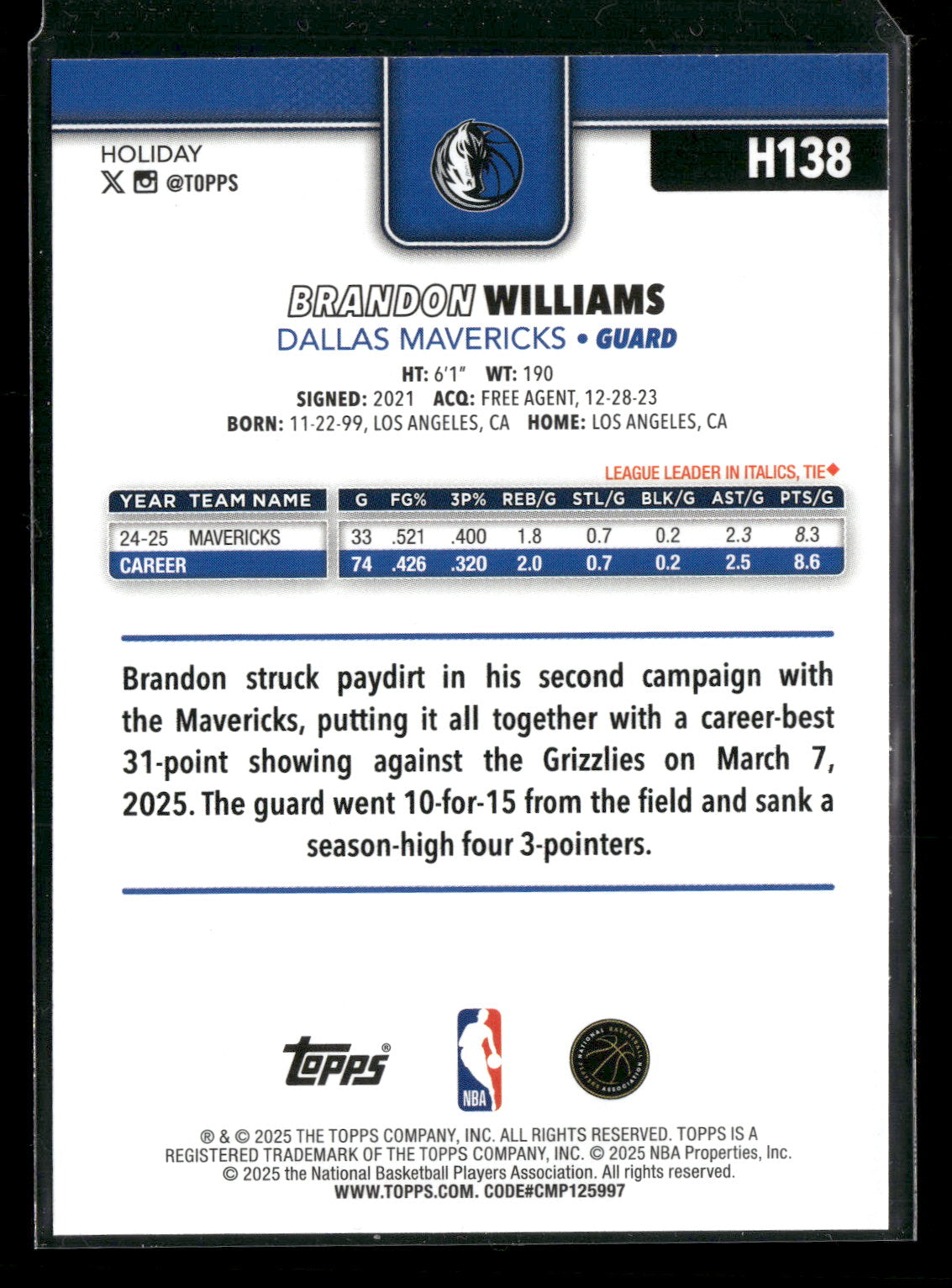 2025-26 Topps Holiday Basketball Brandon Williams #H138