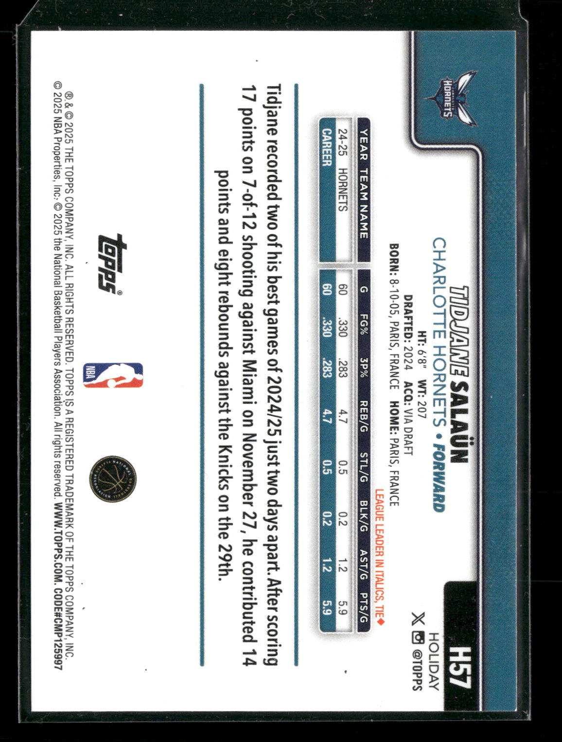 2025-26 Topps Holiday Basketball Tidjane Salaün #H57