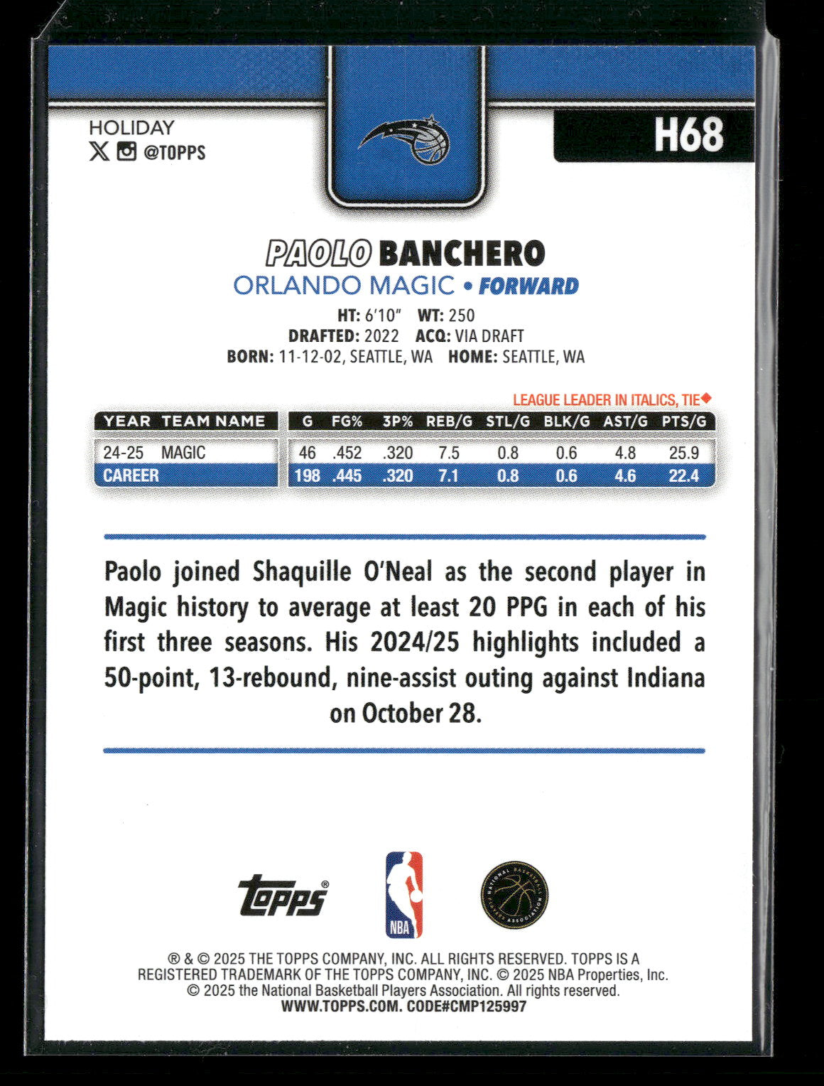 2025-26 Topps Holiday Basketball Paolo Banchero #H68