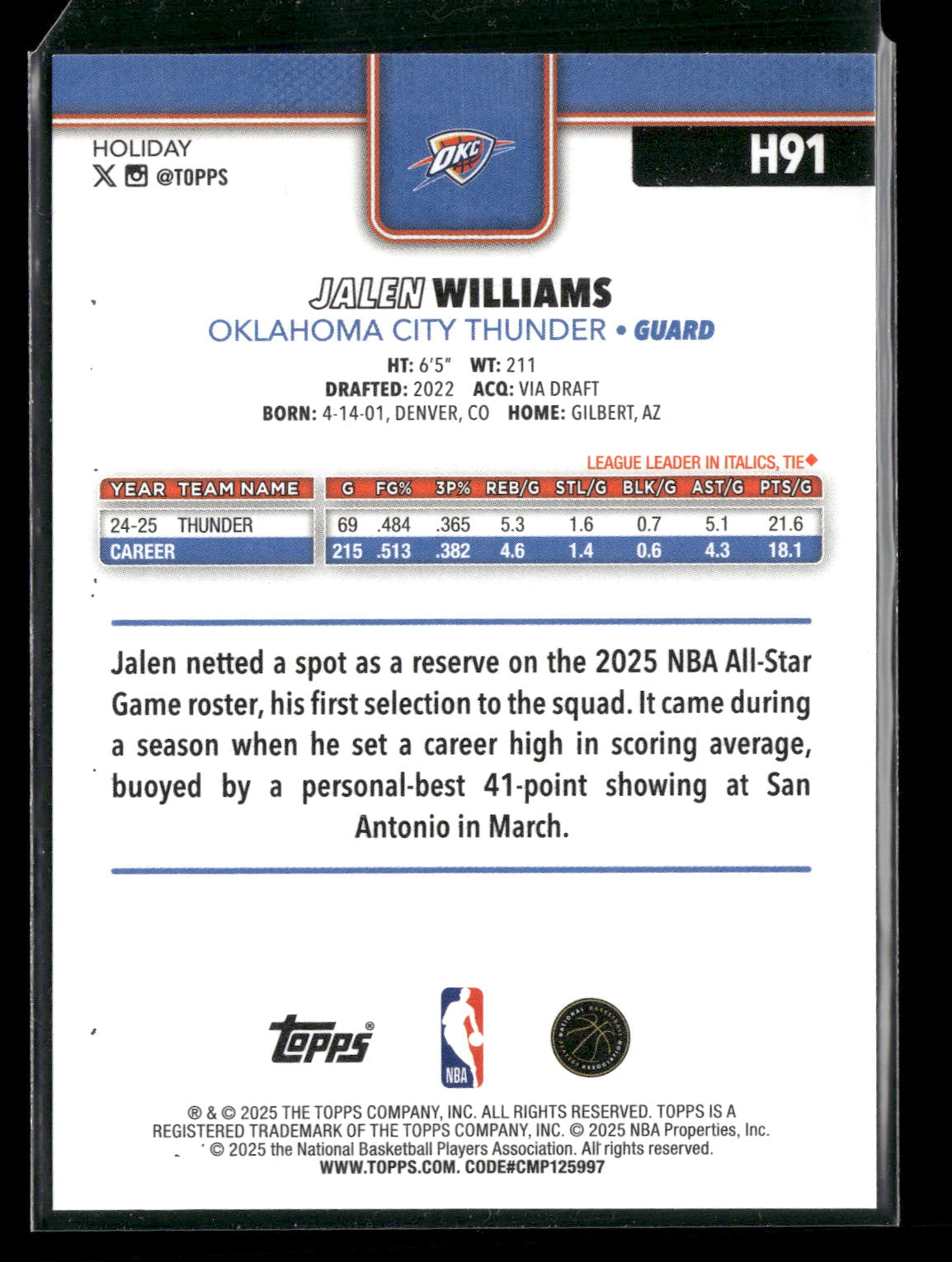 2025-26 Topps Holiday Basketball Jalen Williams #H91