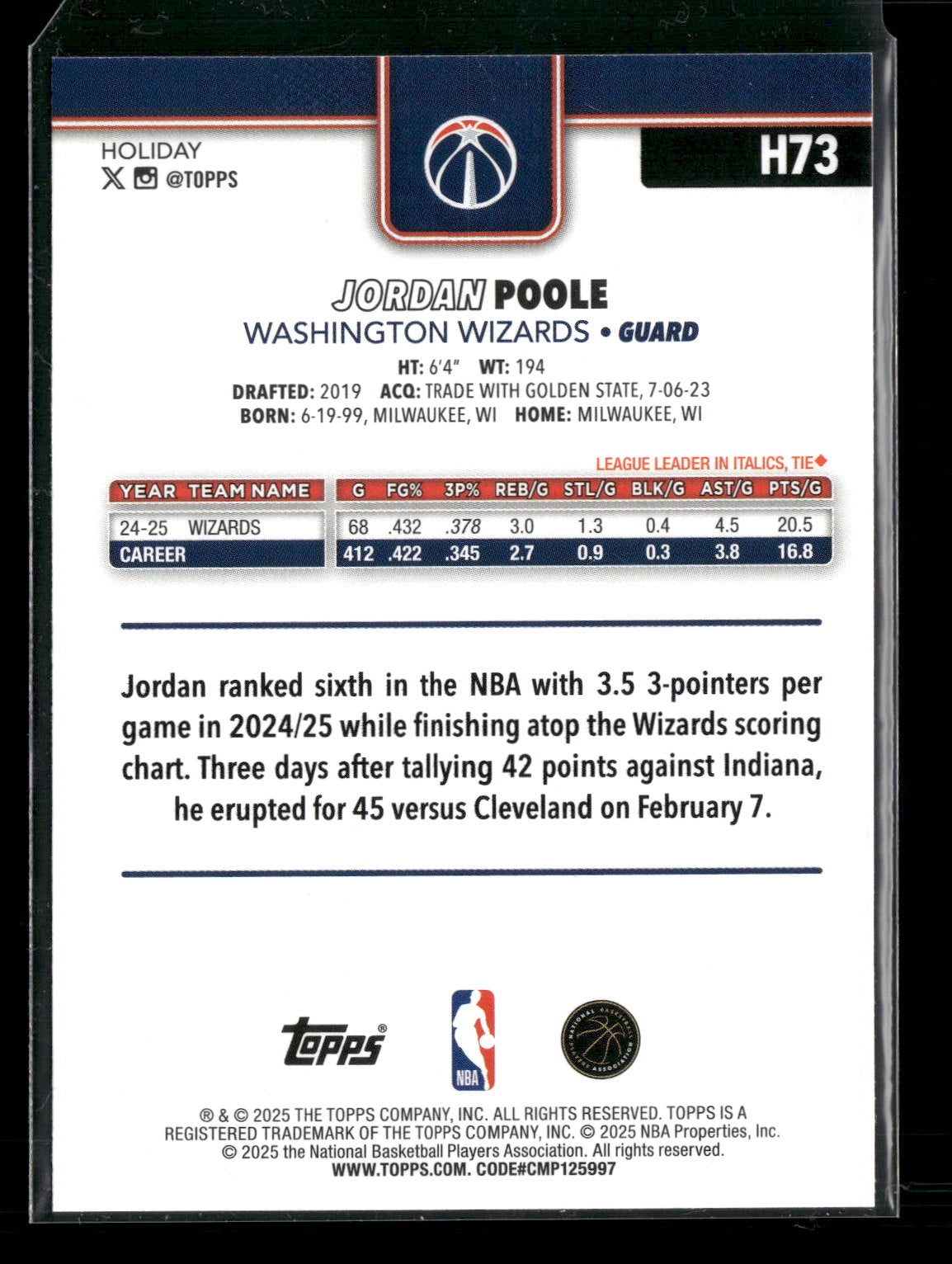 2025-26 Topps Holiday Basketball Jordan Poole #H73
