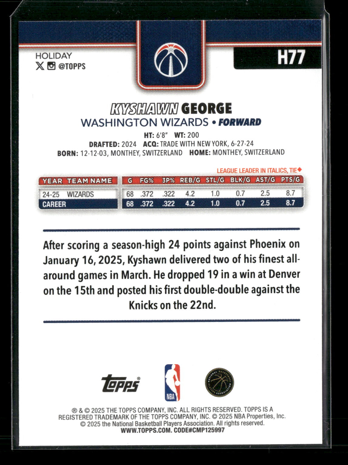 2025-26 Topps Holiday Basketball Kyshawn George #H77