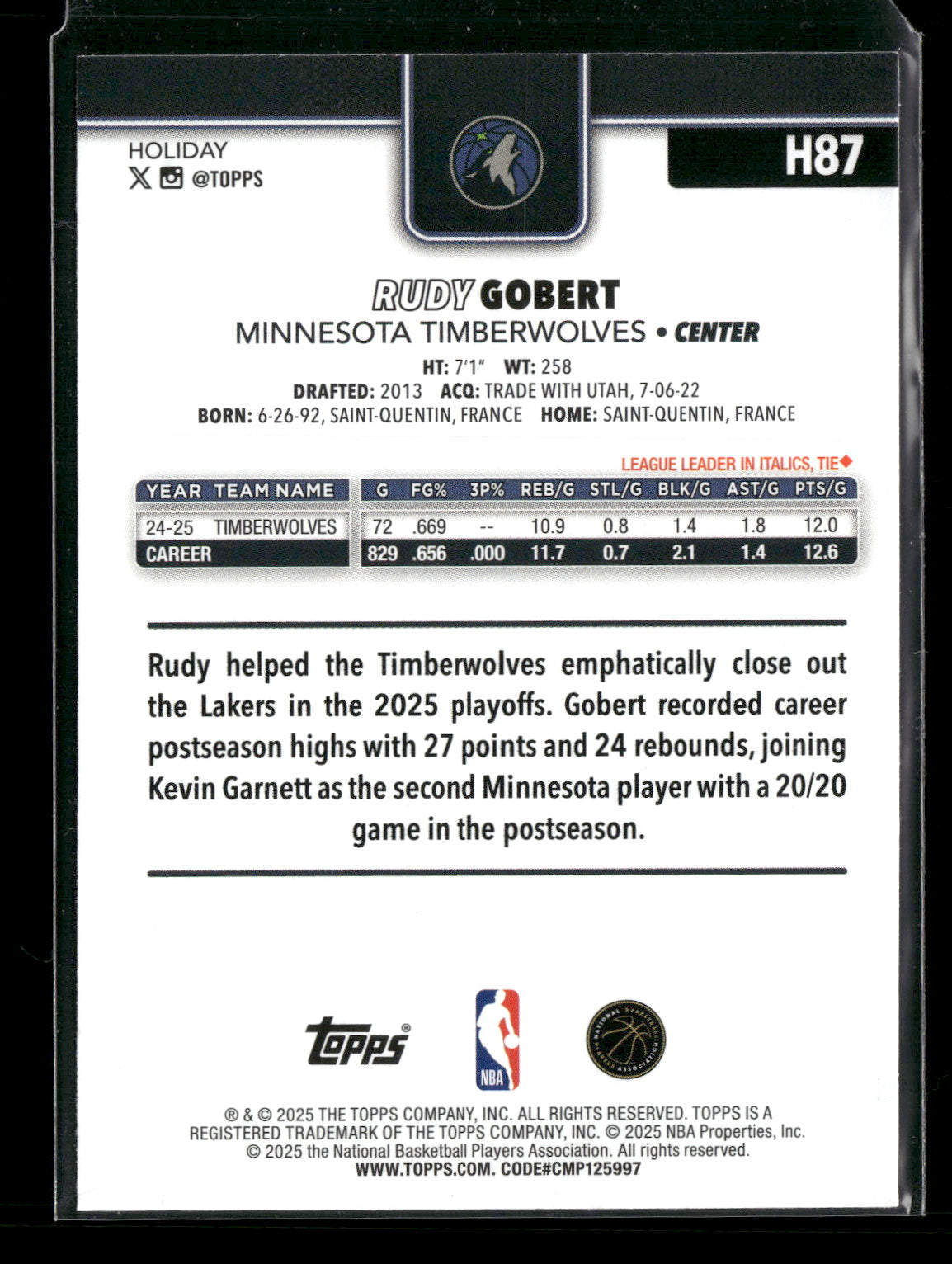 2025-26 Topps Holiday Basketball Rudy Gobert #H87