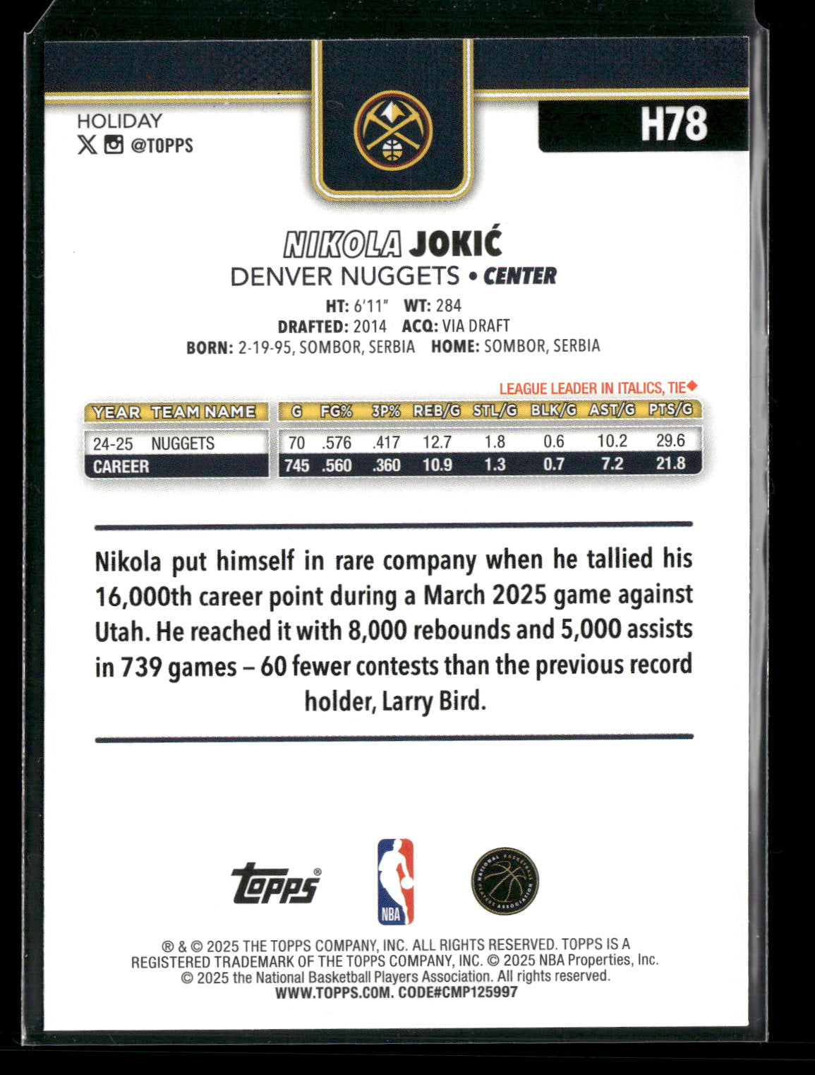 2025-26 Topps Holiday Basketball Nikola Jokić #H78