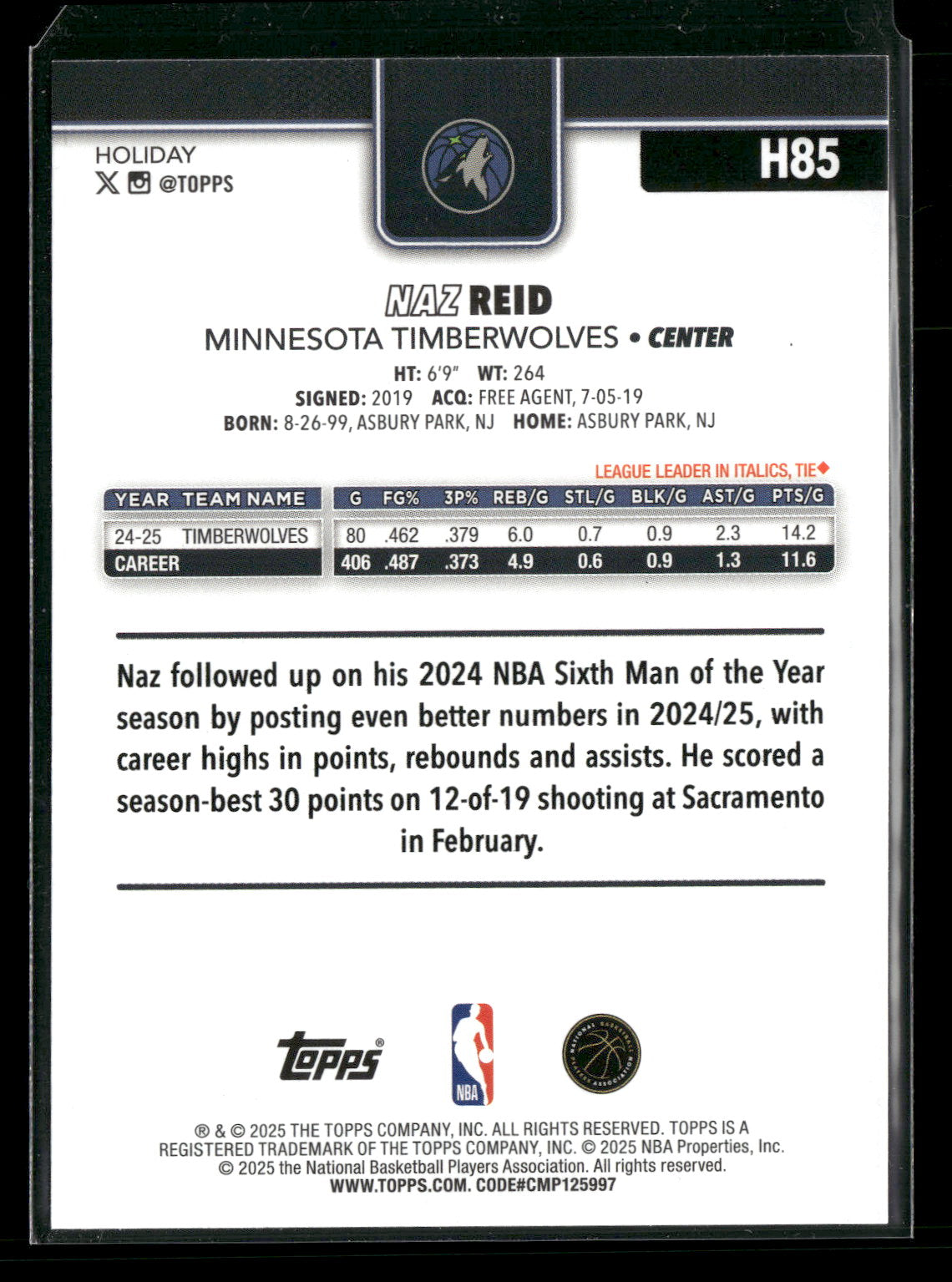 2025-26 Topps Holiday Basketball Naz Reid #H85