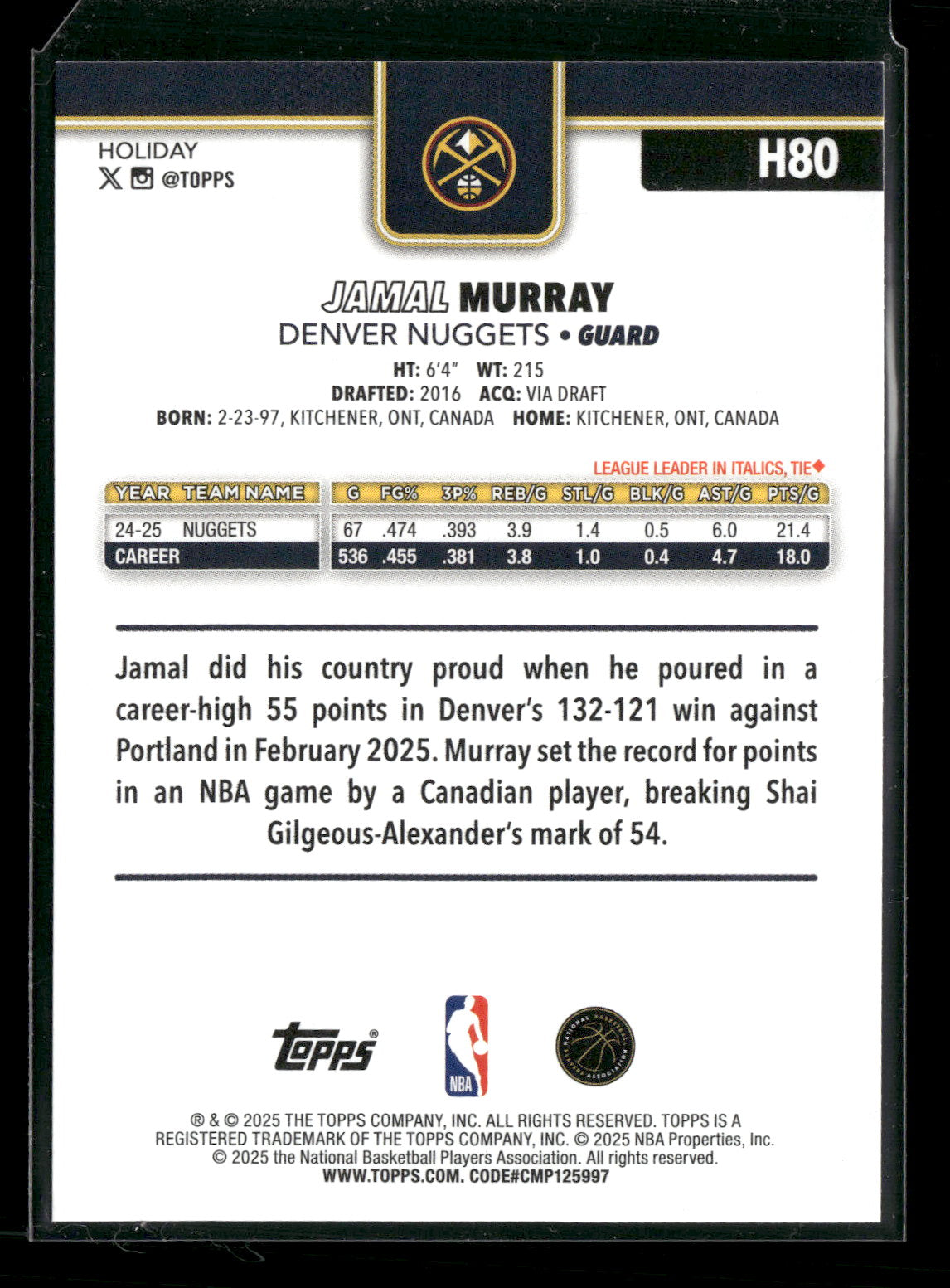 2025-26 Topps Holiday Basketball Jamal Murray #H80