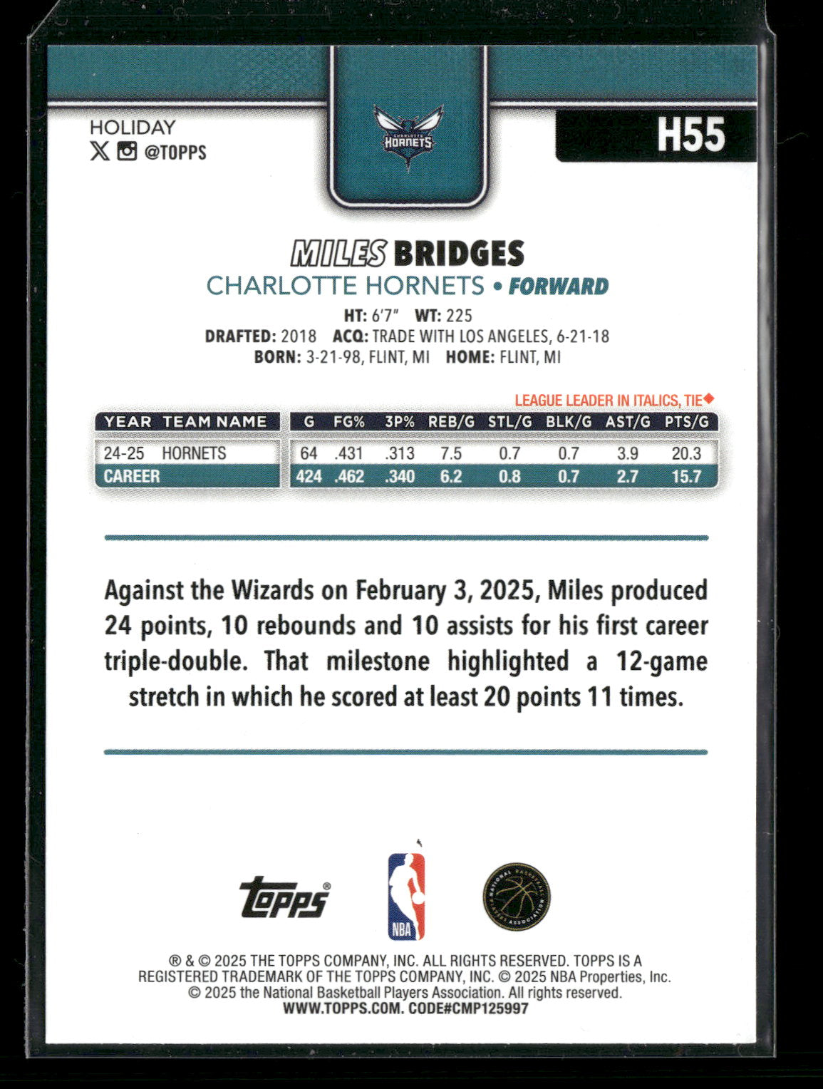 2025-26 Topps Holiday Basketball Miles Bridges #H55