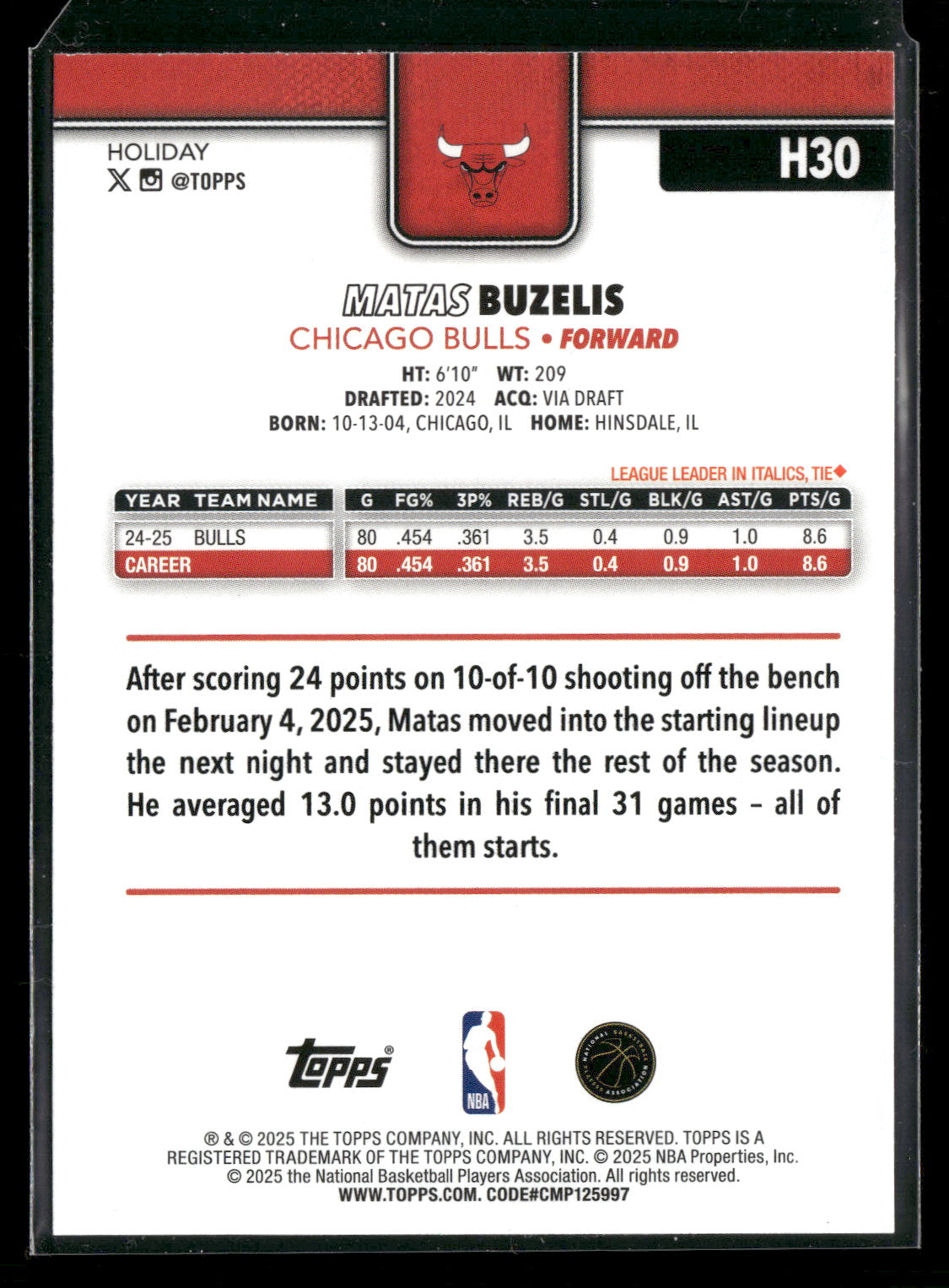 2025-26 Topps Holiday Basketball Matas Buzelis #H30