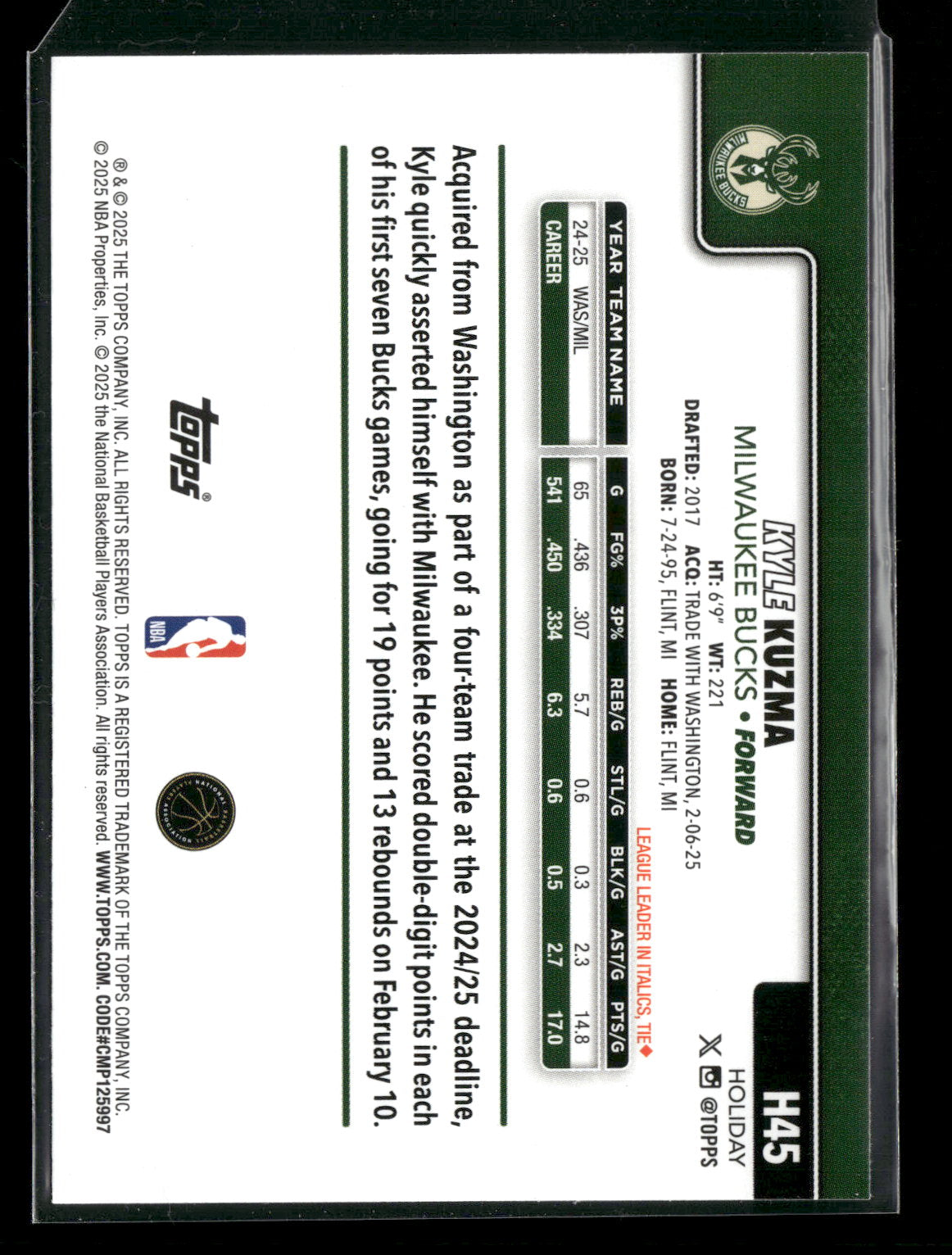 2025-26 Topps Holiday Basketball Kyle Kuzma #H45
