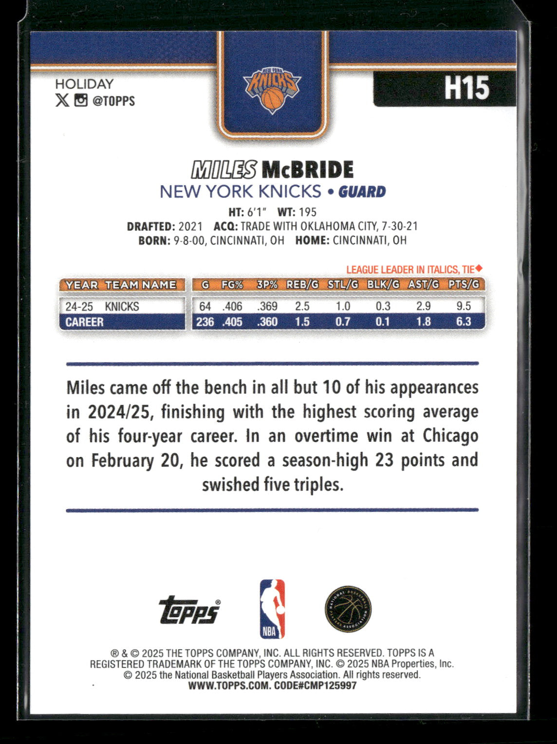 2025-26 Topps Holiday Basketball Miles McBride #H15