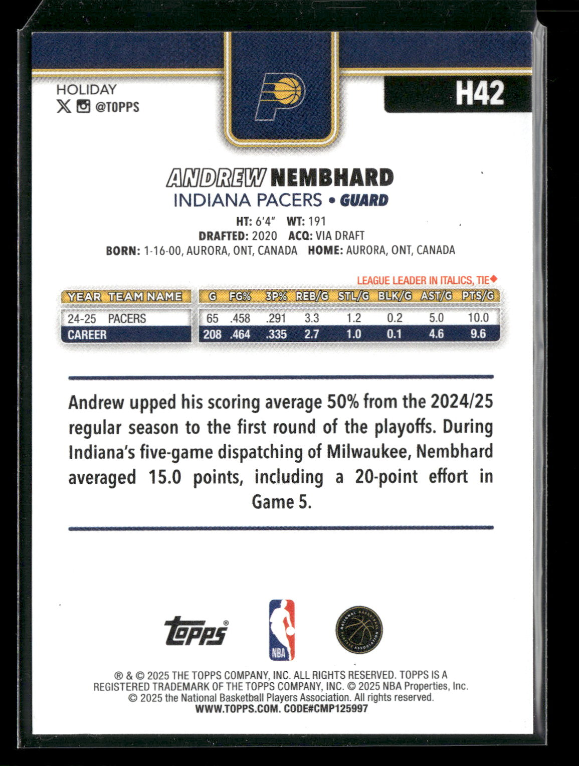 2025-26 Topps Holiday Basketball Andrew Nembhard #H42