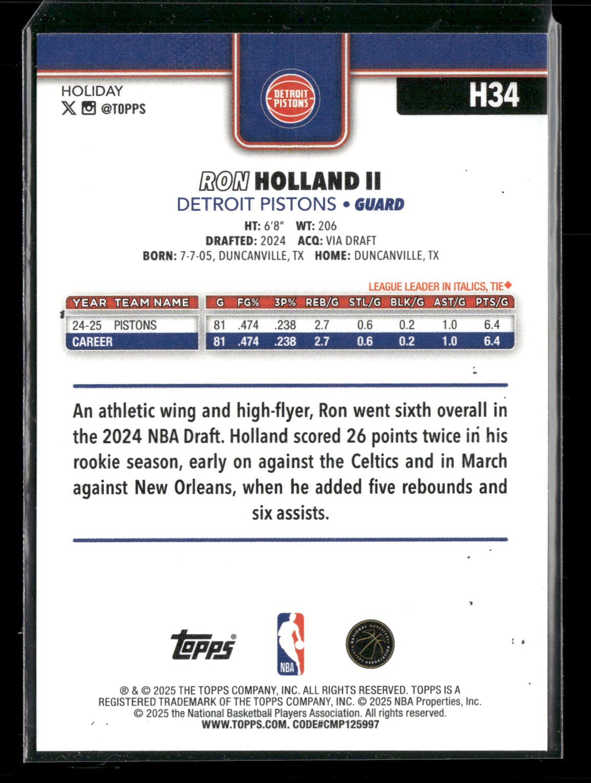 2025-26 Topps Holiday Basketball Ron Holland II #H34