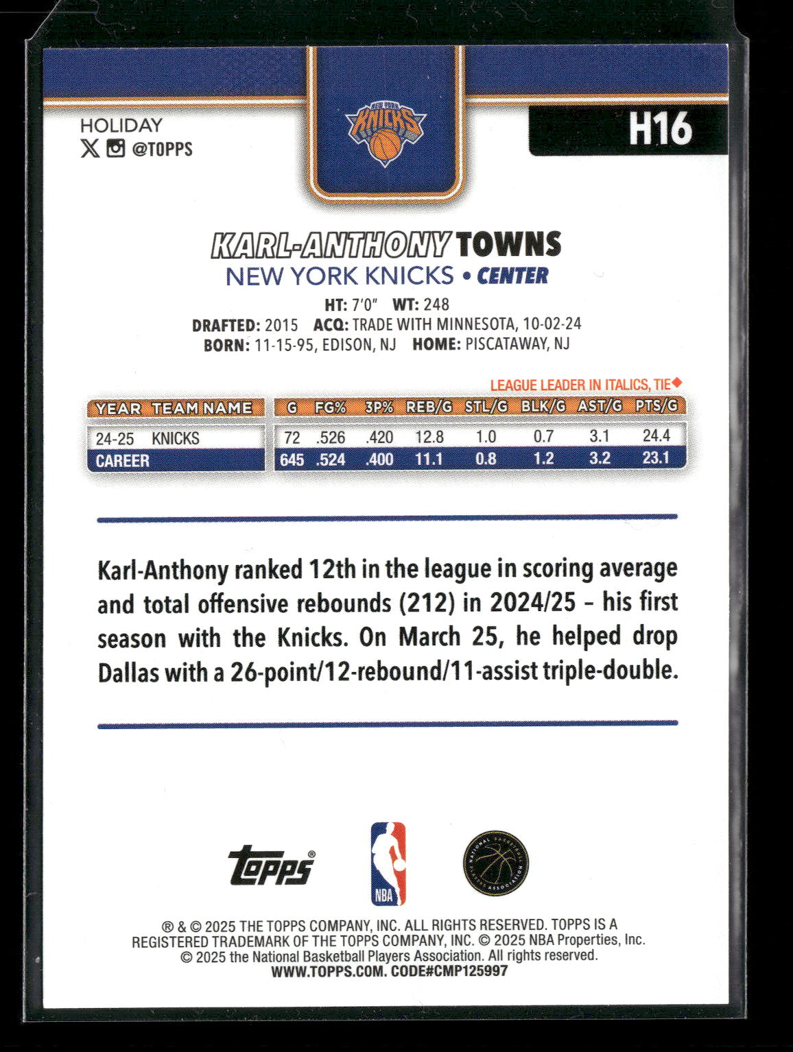 2025-26 Topps Holiday Basketball Karl-Anthony Towns #H16