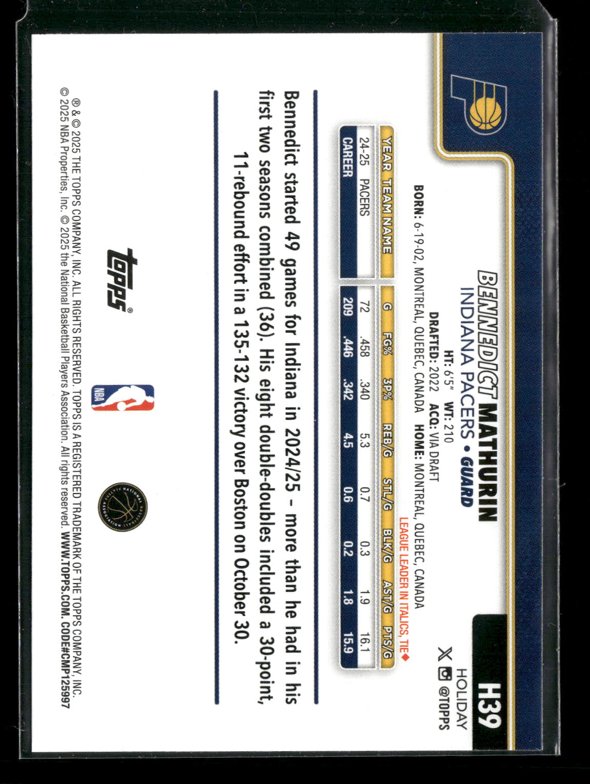 2025-26 Topps Holiday Basketball Bennedict Mathurin #H39