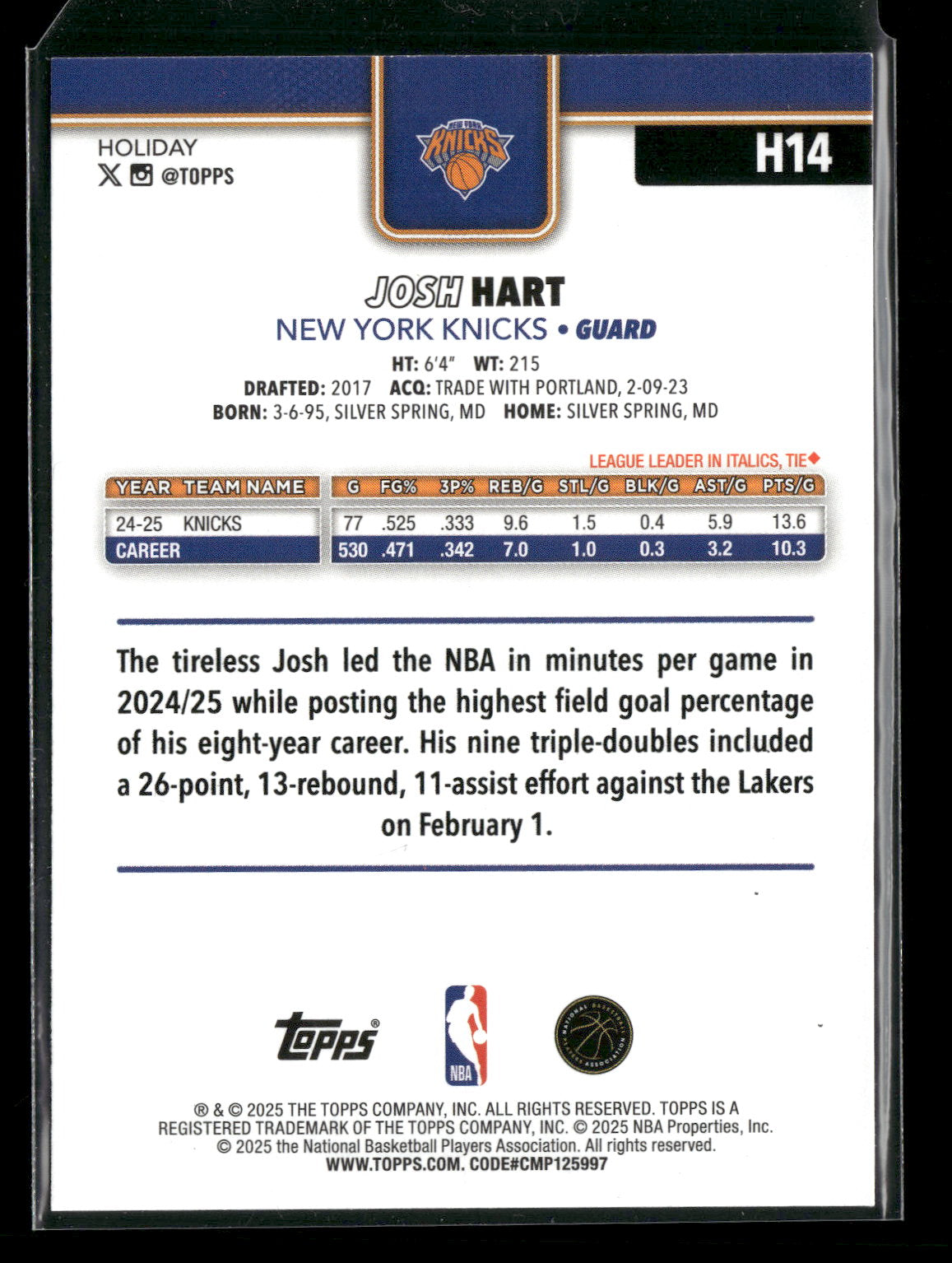 2025-26 Topps Holiday Basketball Josh Hart #H14