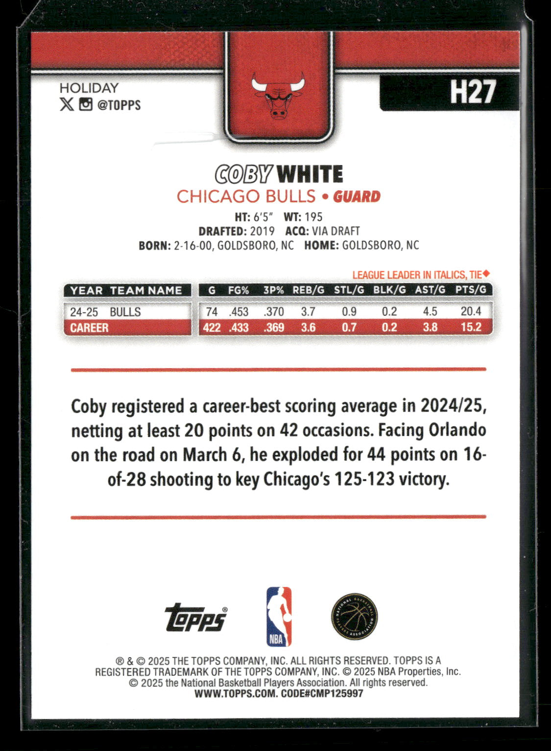 2025-26 Topps Holiday Basketball Coby White #H27