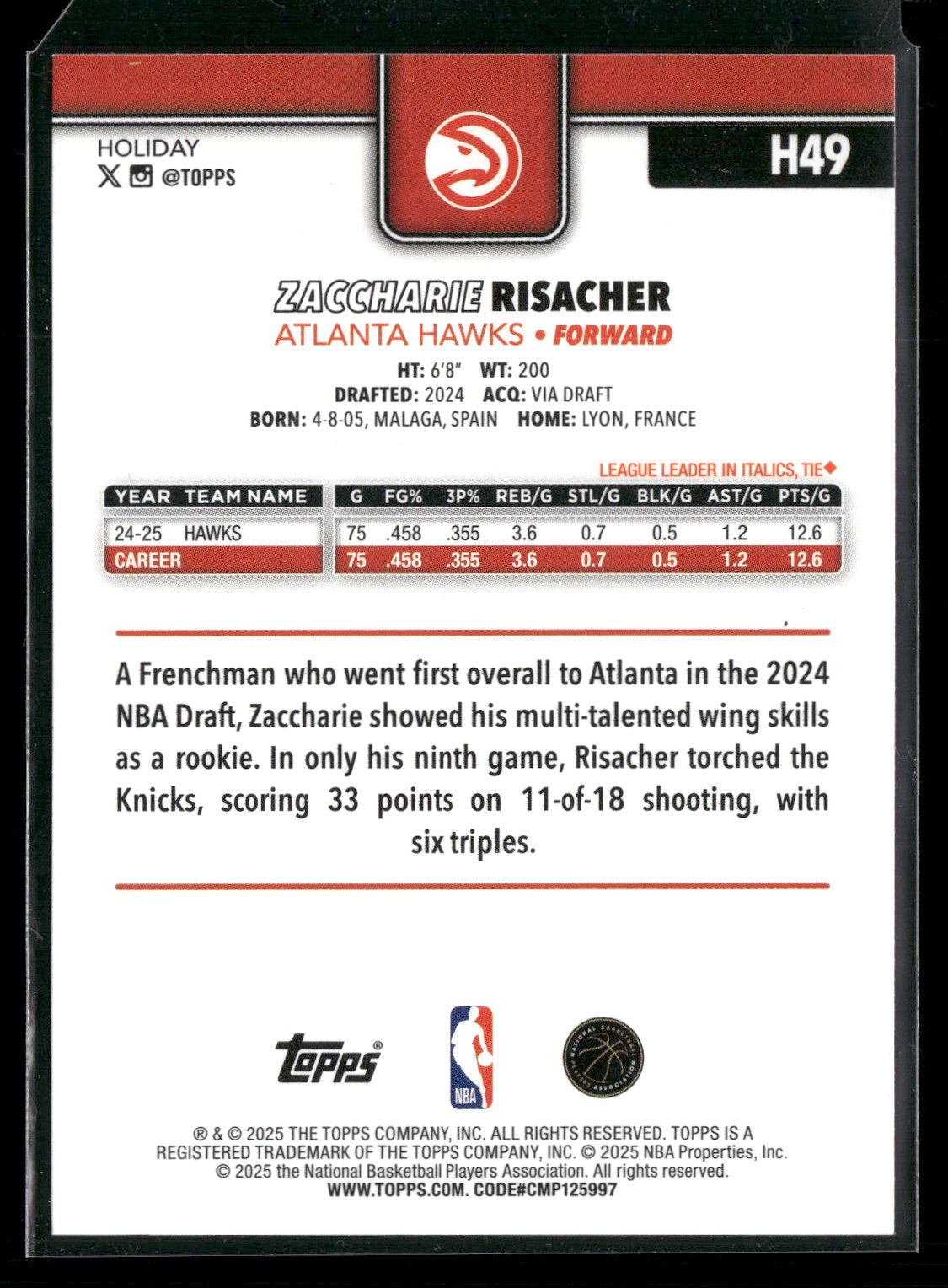 2025-26 Topps Holiday Basketball Zaccharie Risacher #H49