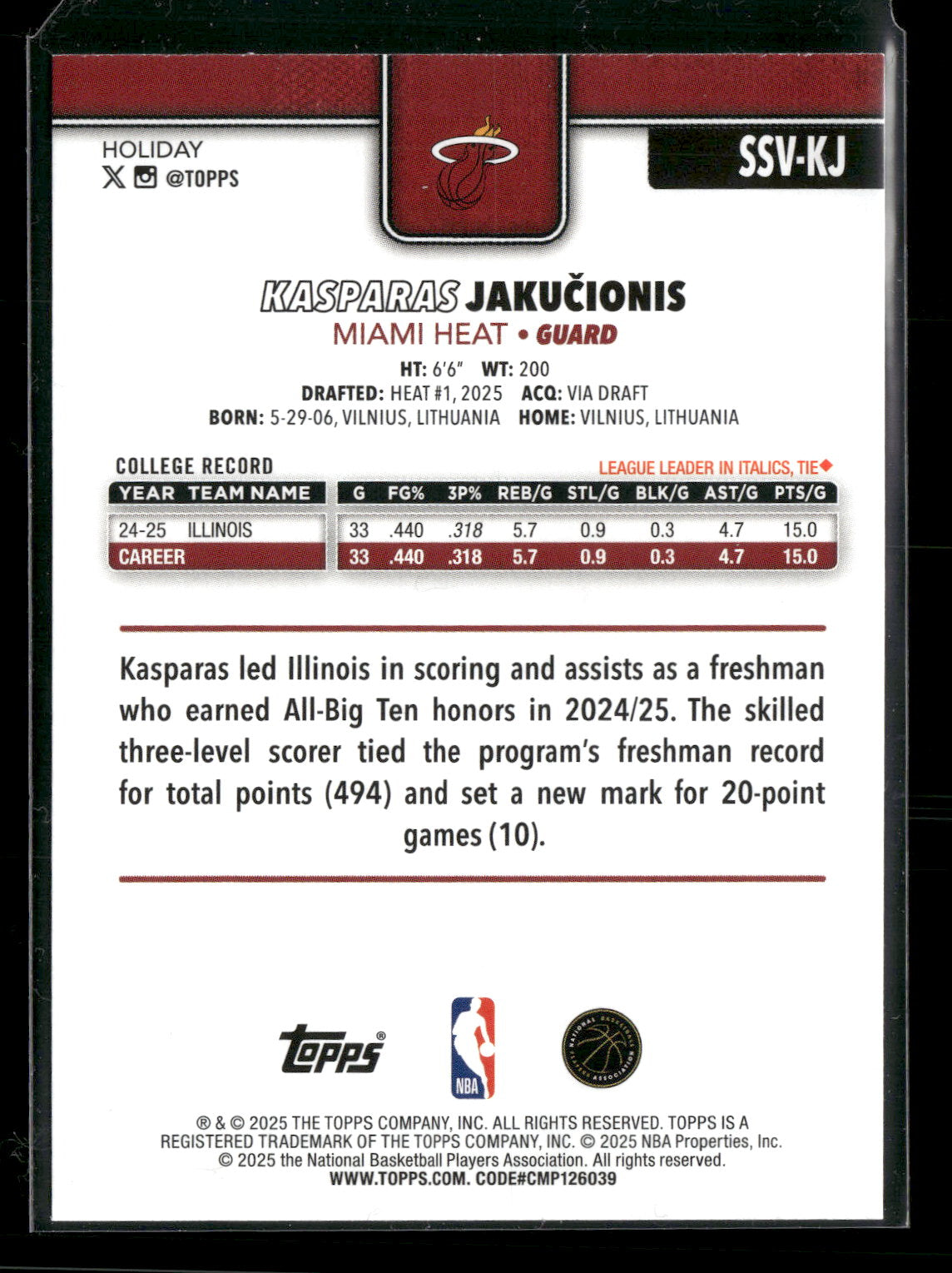 2025-26 Topps Holiday Basketball Kasparas Jakučionis #SSV-KJ Short Print RC