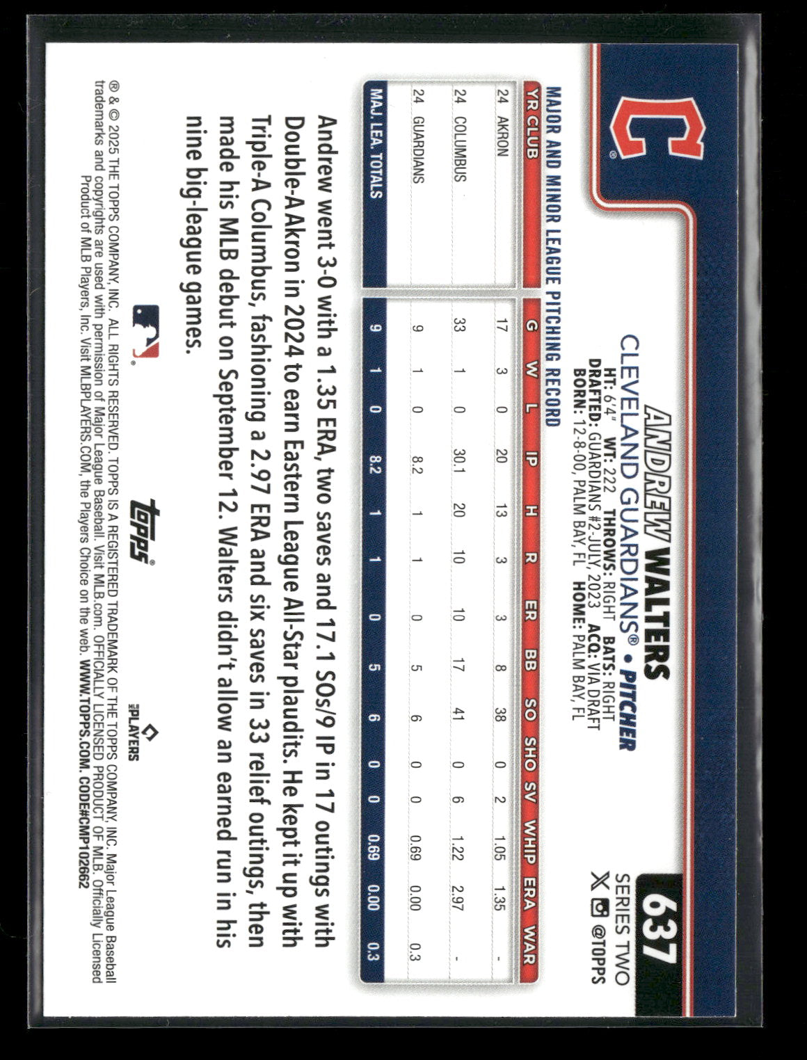 2025 Topps Series 2 Baseball Andrew Walters #637 RC