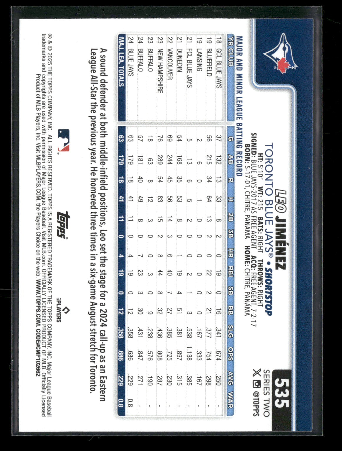 2025 Topps Series 2 Baseball Leo Jiménez #535 RC