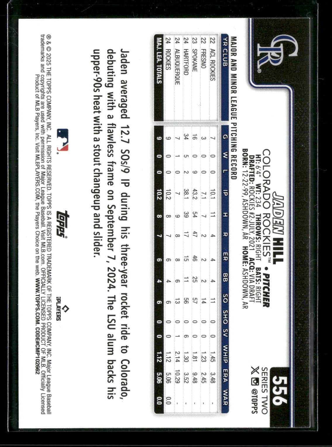 2025 Topps Series 2 Baseball Jaden Hill #556 RC