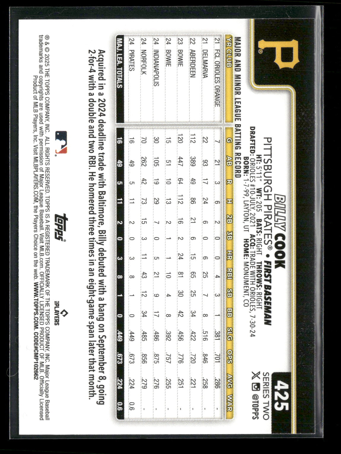 2025 Topps Series 2 Baseball Billy Cook #425 RC