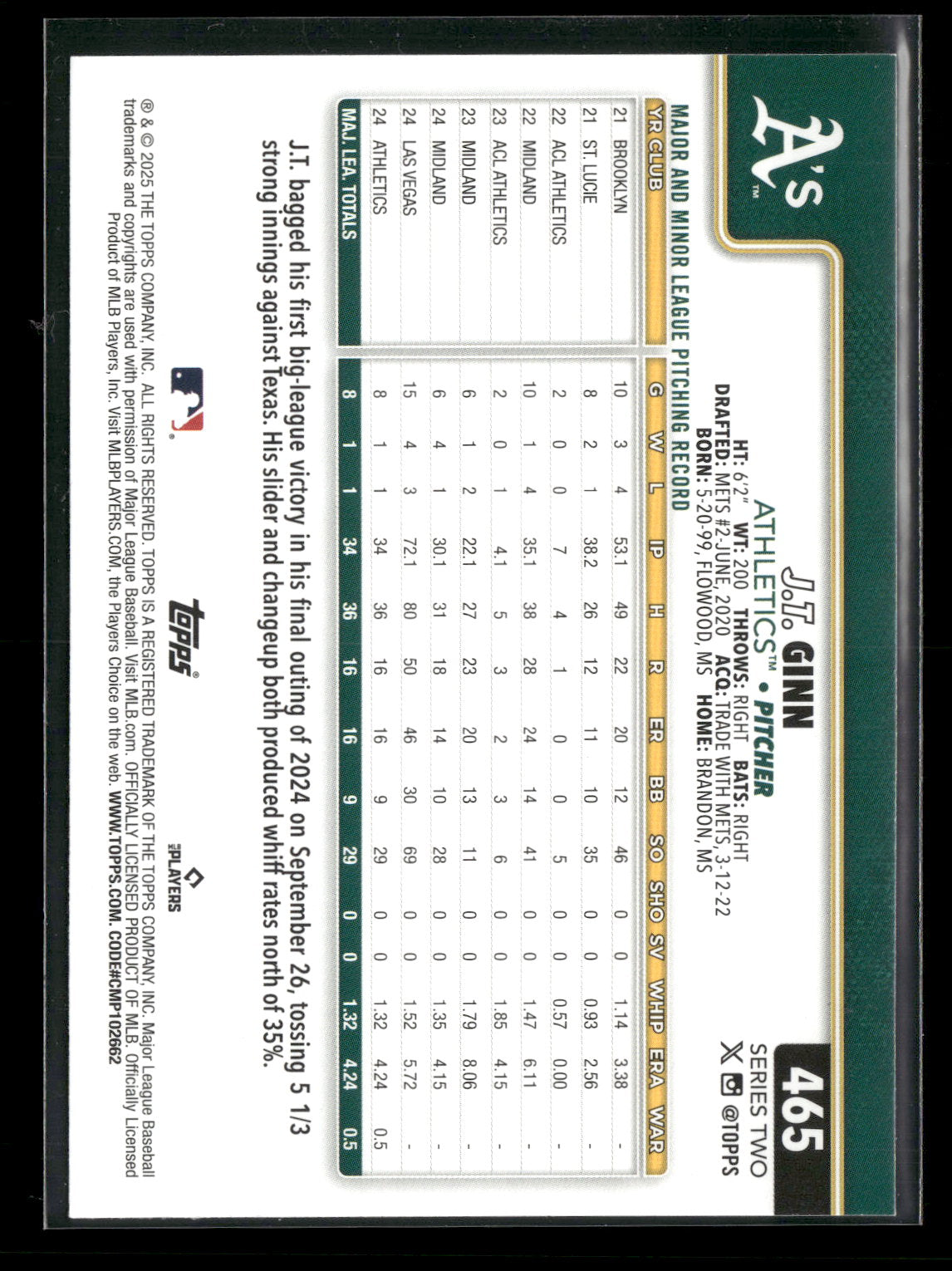 2025 Topps Series 2 Baseball J.T. Ginn #465 RC