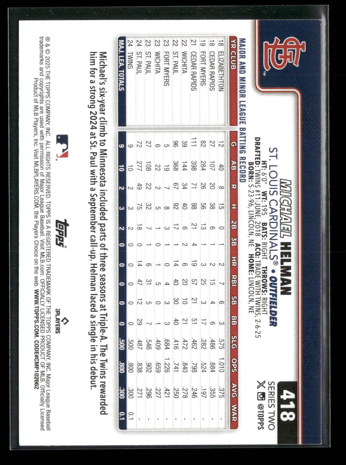 2025 Topps Series 2 Baseball Michael Helman #418 RC