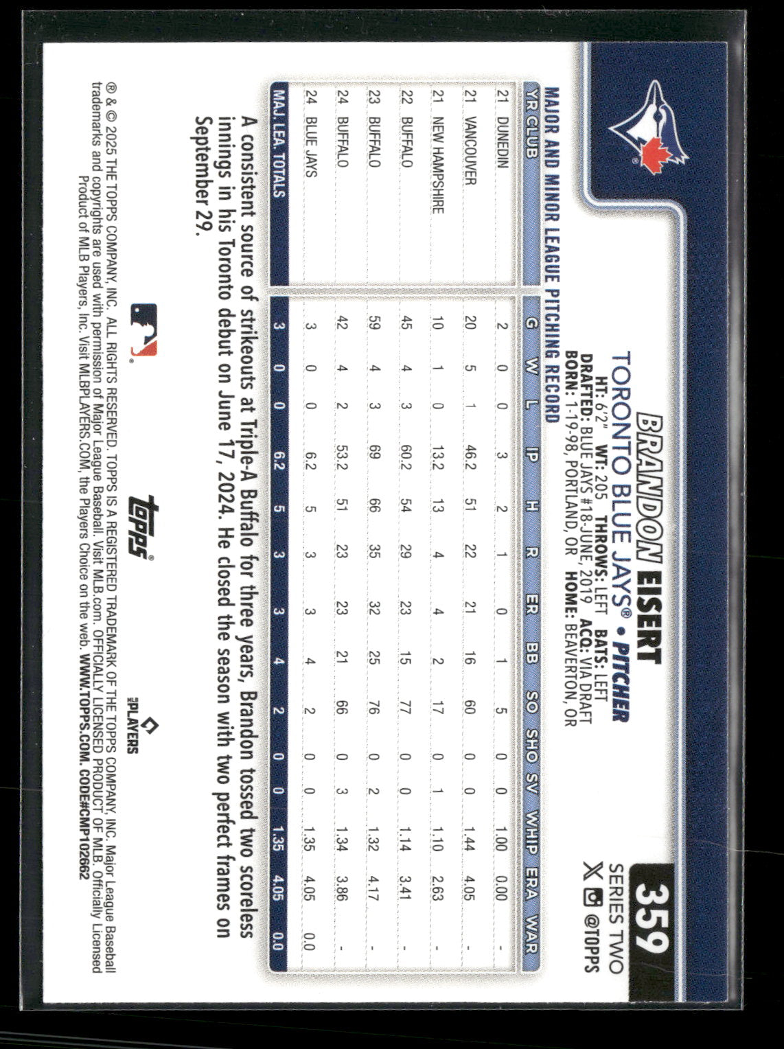 2025 Topps Series 2 Baseball Brandon Eisert #359 RC