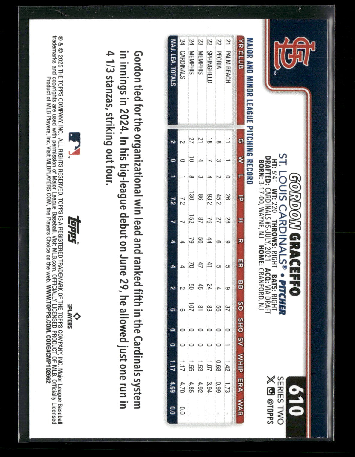 2025 Topps Series 2 Baseball Gordon Graceffo #610 RC