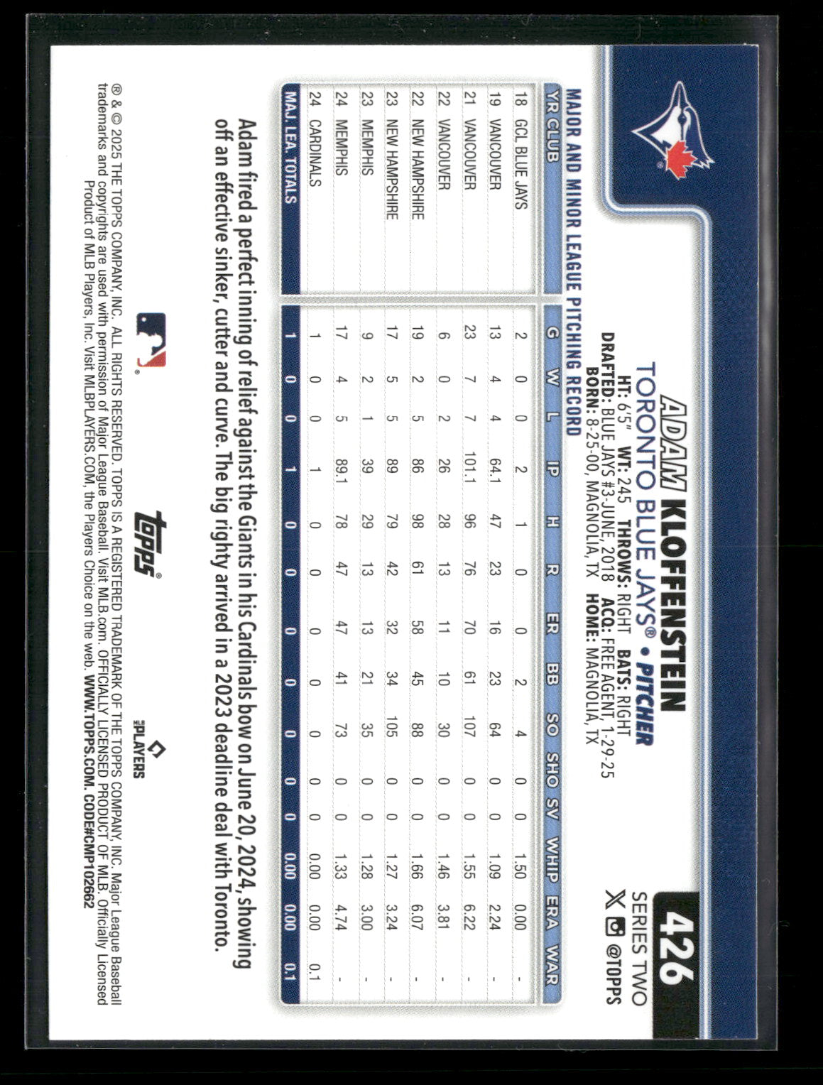 2025 Topps Series 2 Baseball Adam Kloffenstein #426 RC