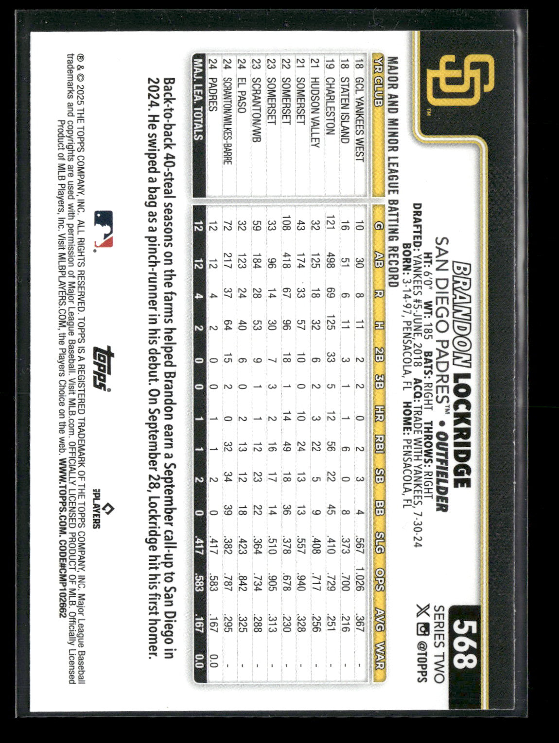 2025 Topps Series 2 Baseball Brandon Lockridge #568 RC