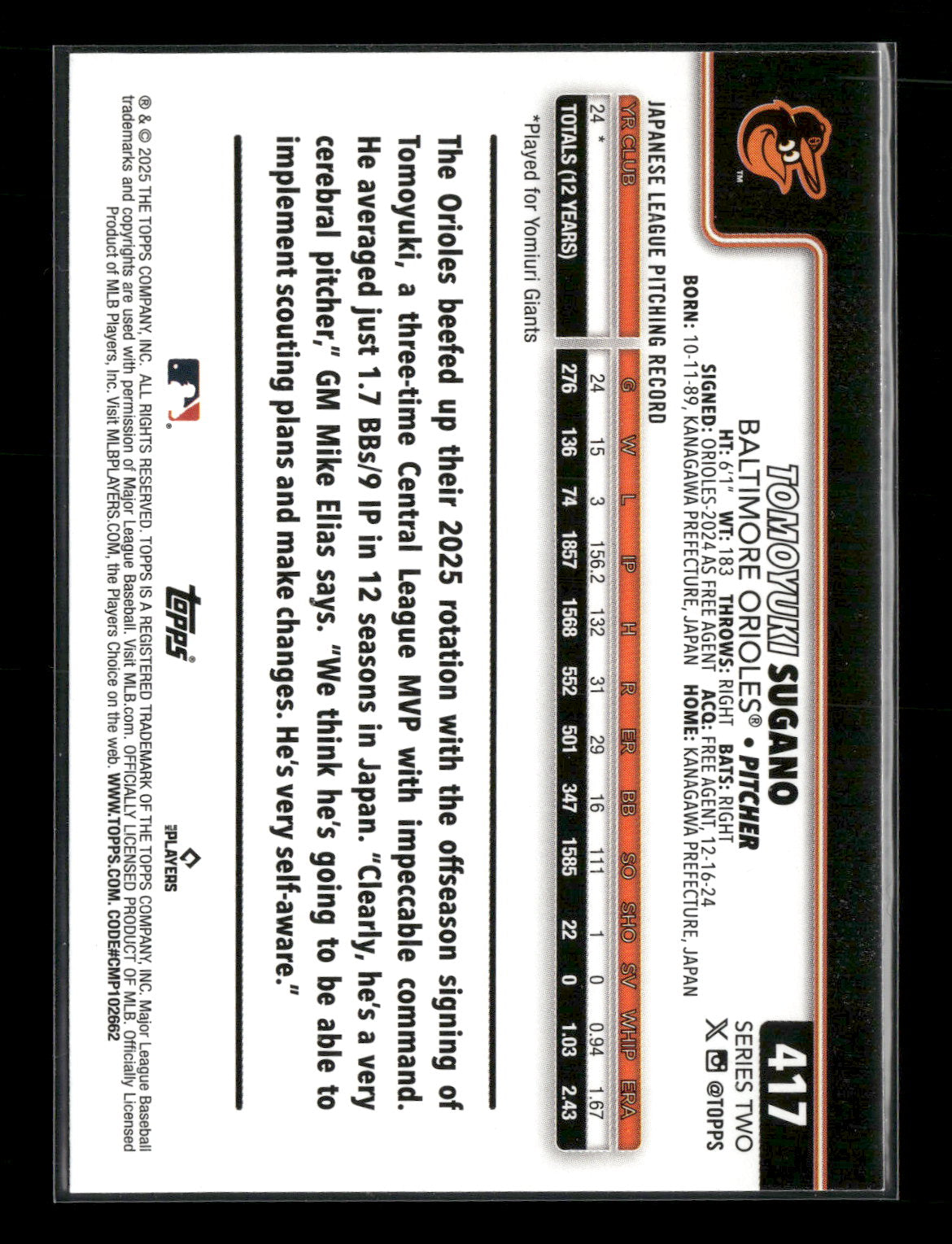 2025 Topps Series 2 Baseball Tomoyuki Sugano #417 RC