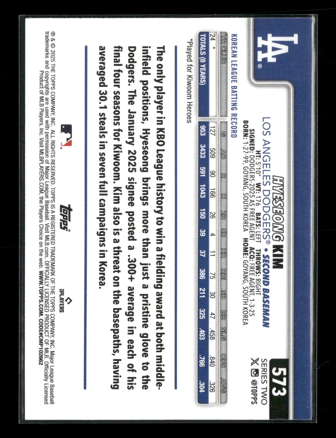 2025 Topps Series 2 Baseball Hyeseong Kim #573 RC