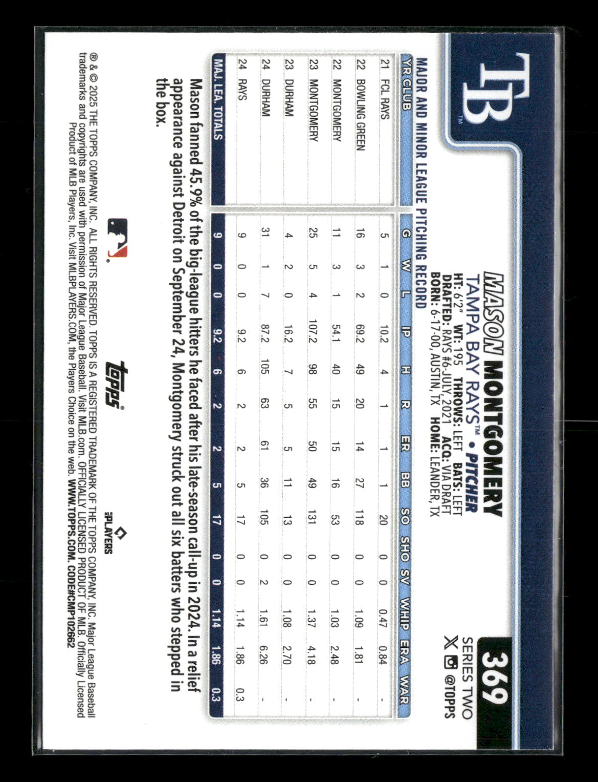 2025 Topps Series 2 Baseball Mason Montgomery #369 RC