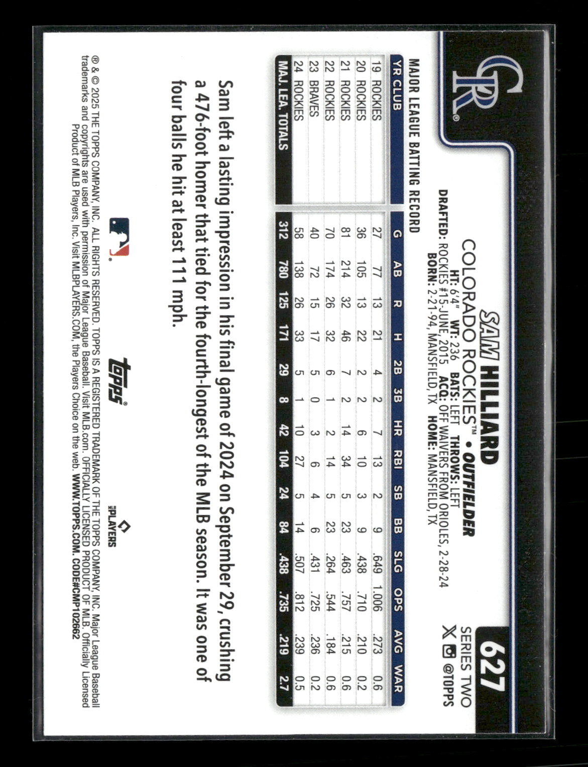 2025 Topps Series 2 Baseball Sam Hilliard #627