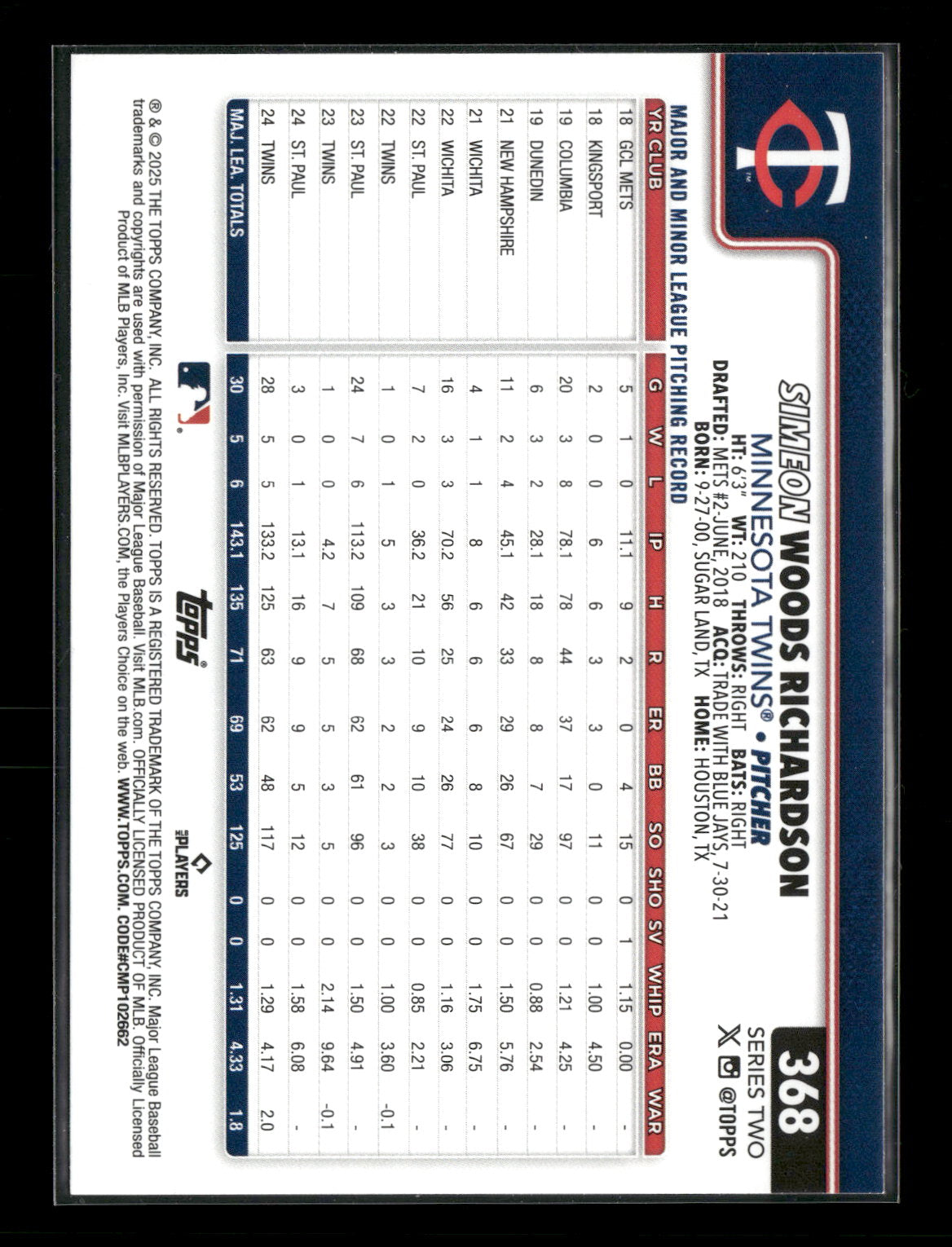 2025 Topps Series 2 Baseball Simeon Woods Richardson #368