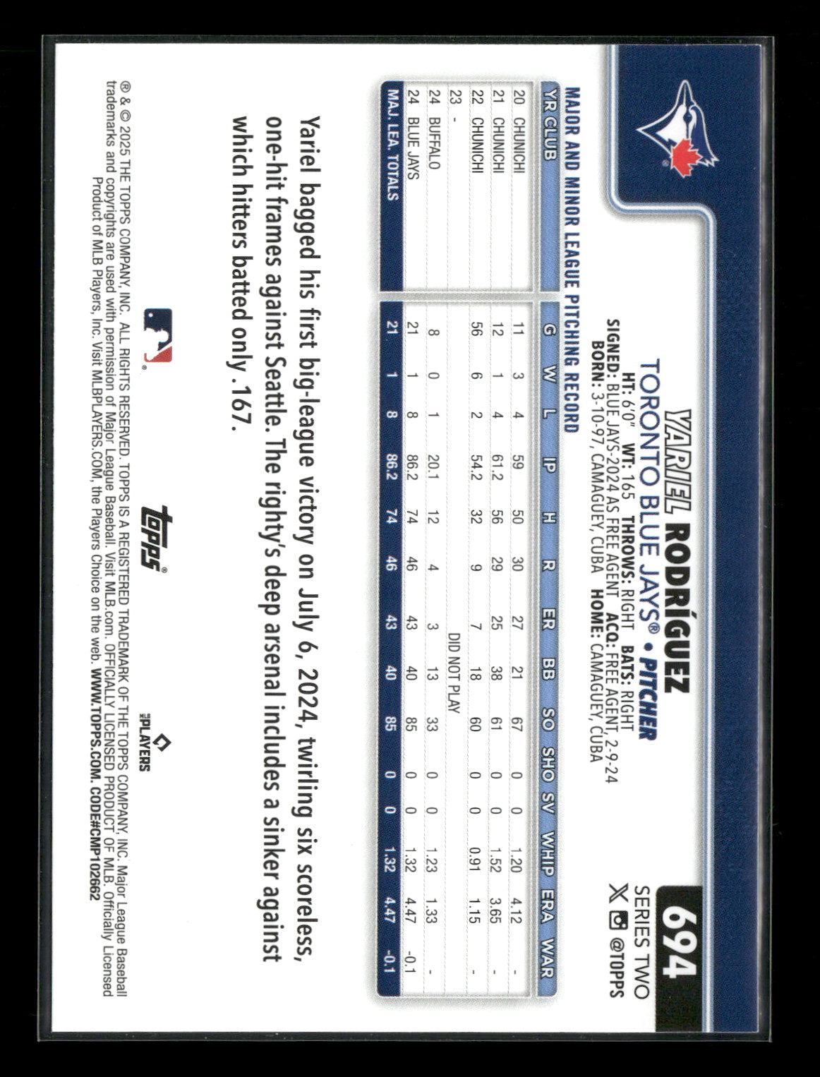 2025 Topps Series 2 Baseball Yariel Rodríguez #694