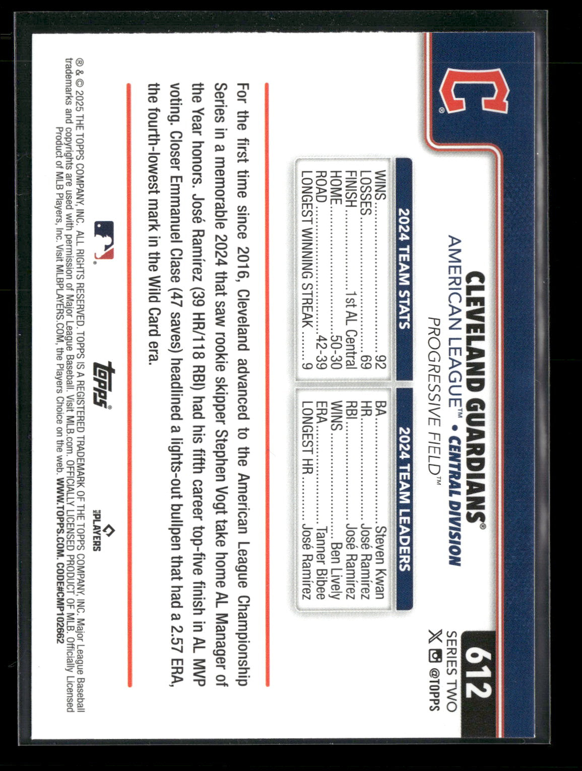 2025 Topps Series 2 Baseball Cleveland Guardians Team Card #612