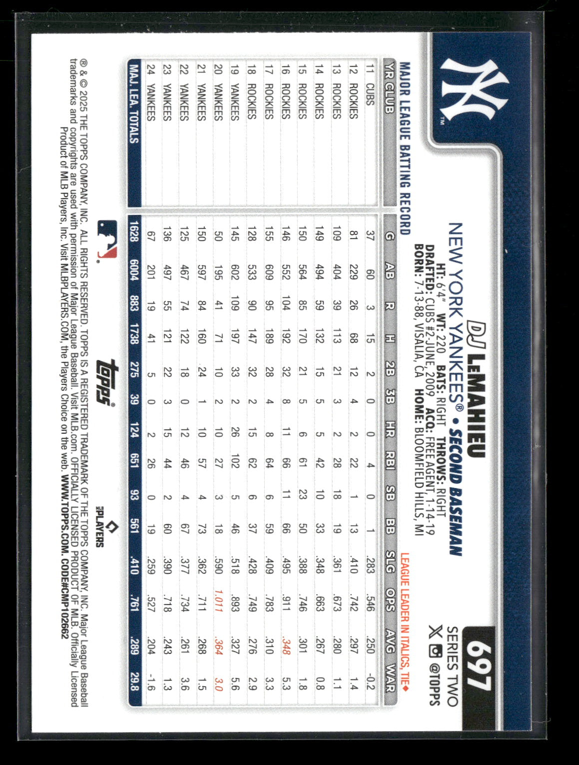 2025 Topps Series 2 Baseball DJ LeMahieu #697