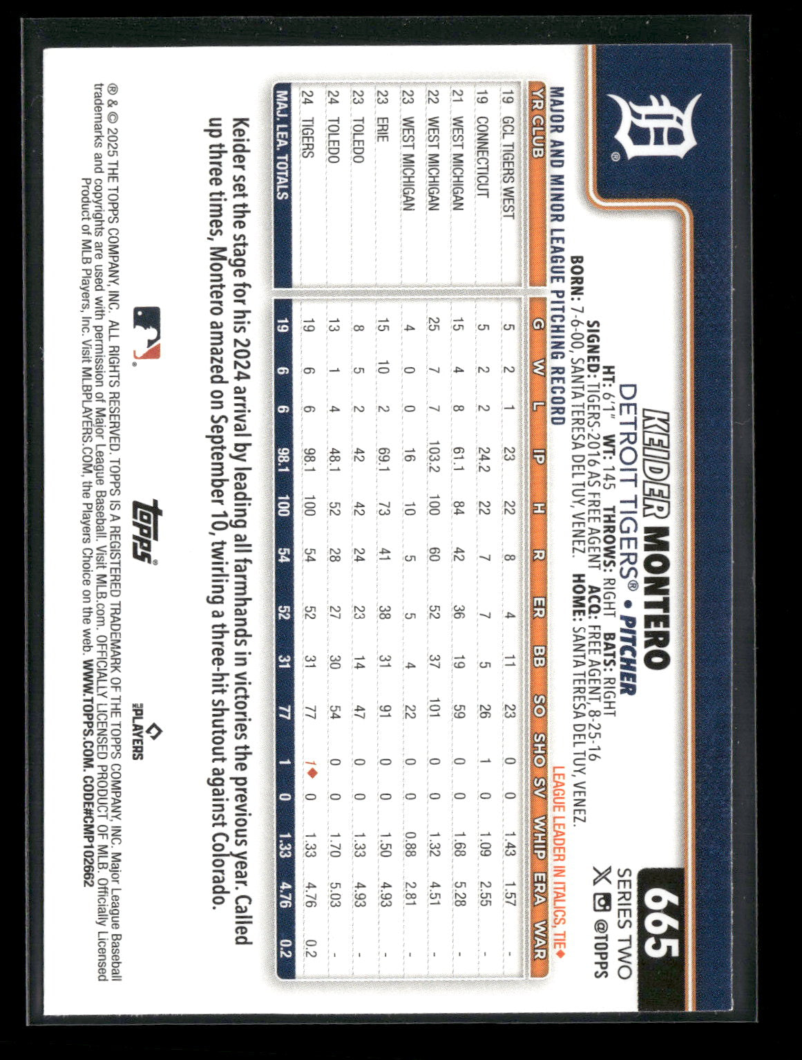 2025 Topps Series 2 Baseball Keider Montero #665 RC