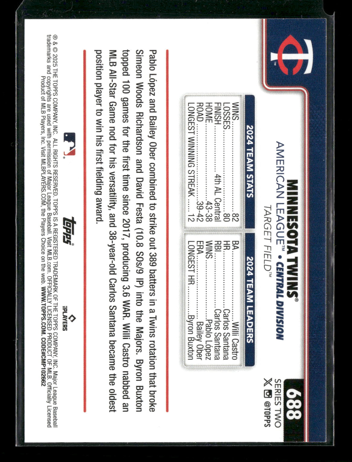 2025 Topps Series 2 Baseball Minnesota Twins Team Card #688