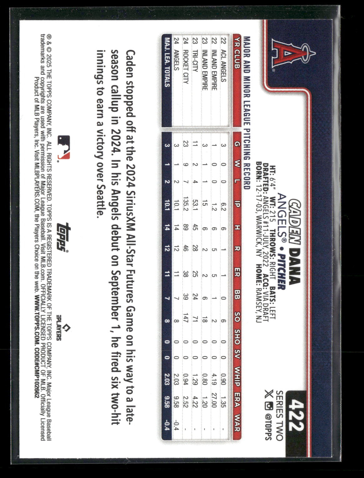 2025 Topps Series 2 Baseball Caden Dana #422 RC