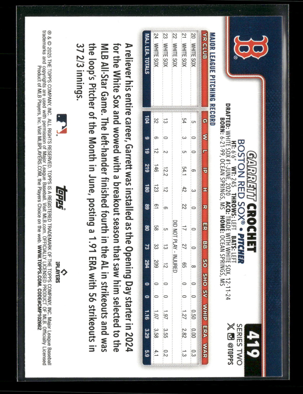 2025 Topps Series 2 Baseball Garrett Crochet #419